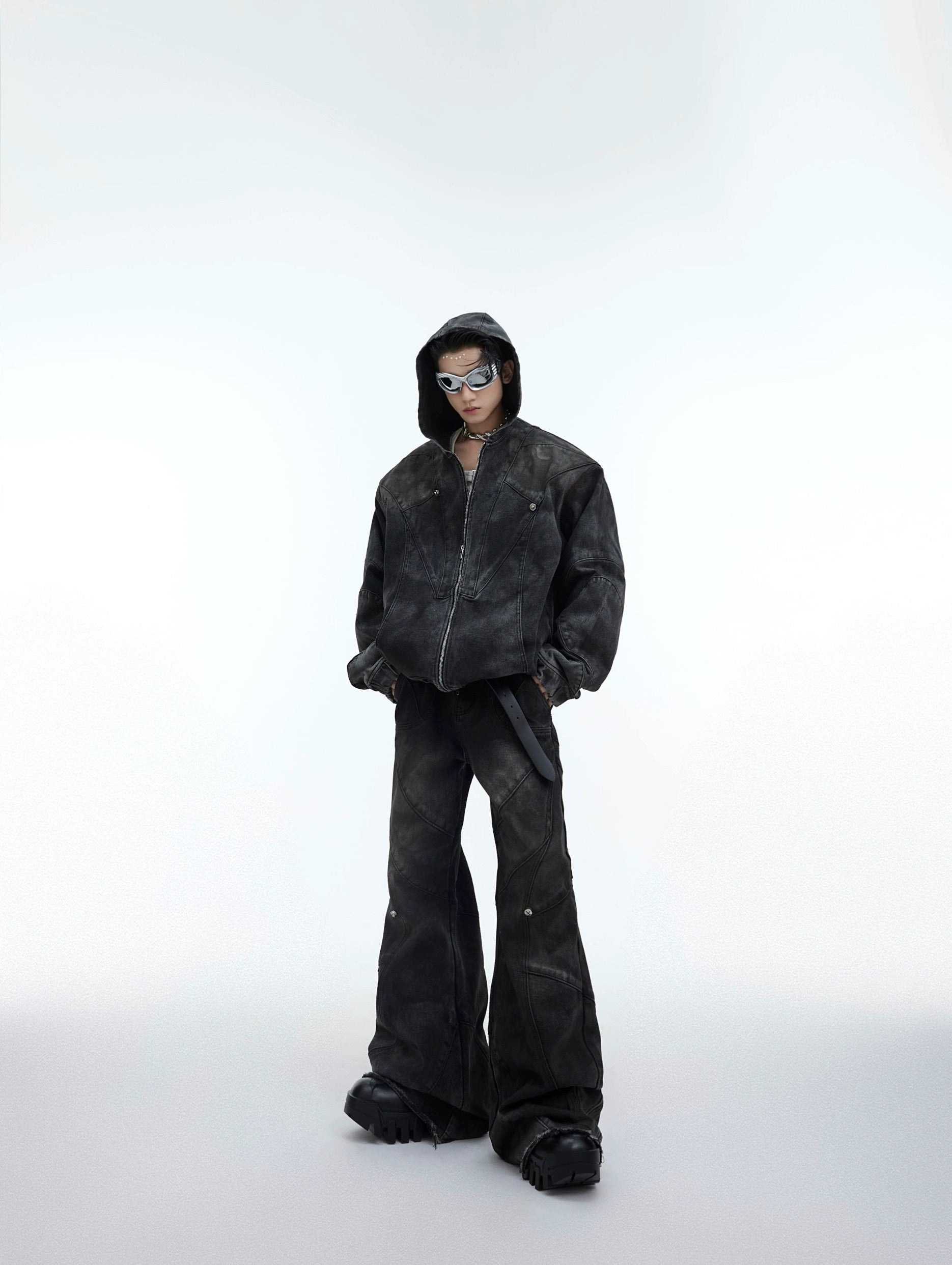Oversize Shoulder-pad Hooded Denim Jacket & Deconstructed Denim Jeans Setup