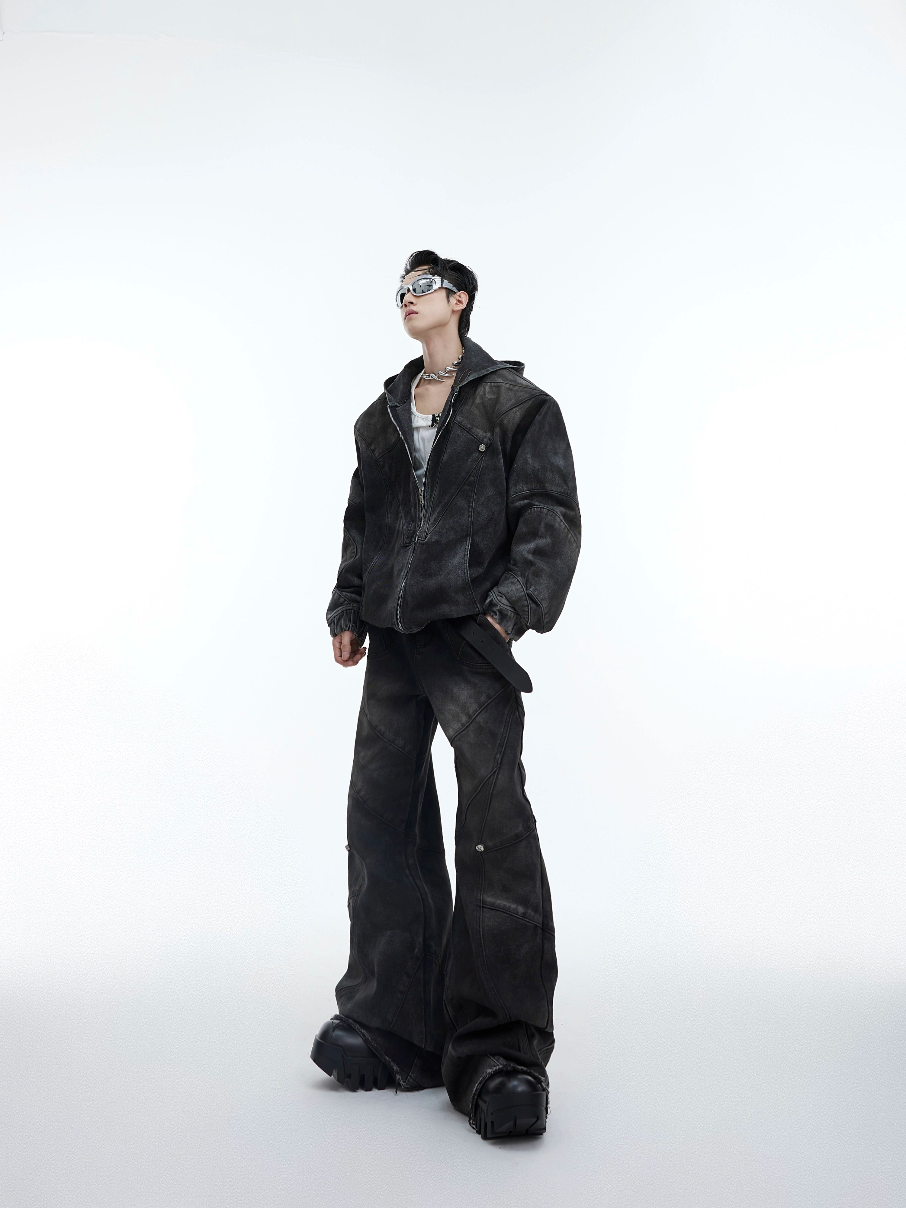 Oversize Shoulder-pad Hooded Denim Jacket & Deconstructed Denim Jeans Setup