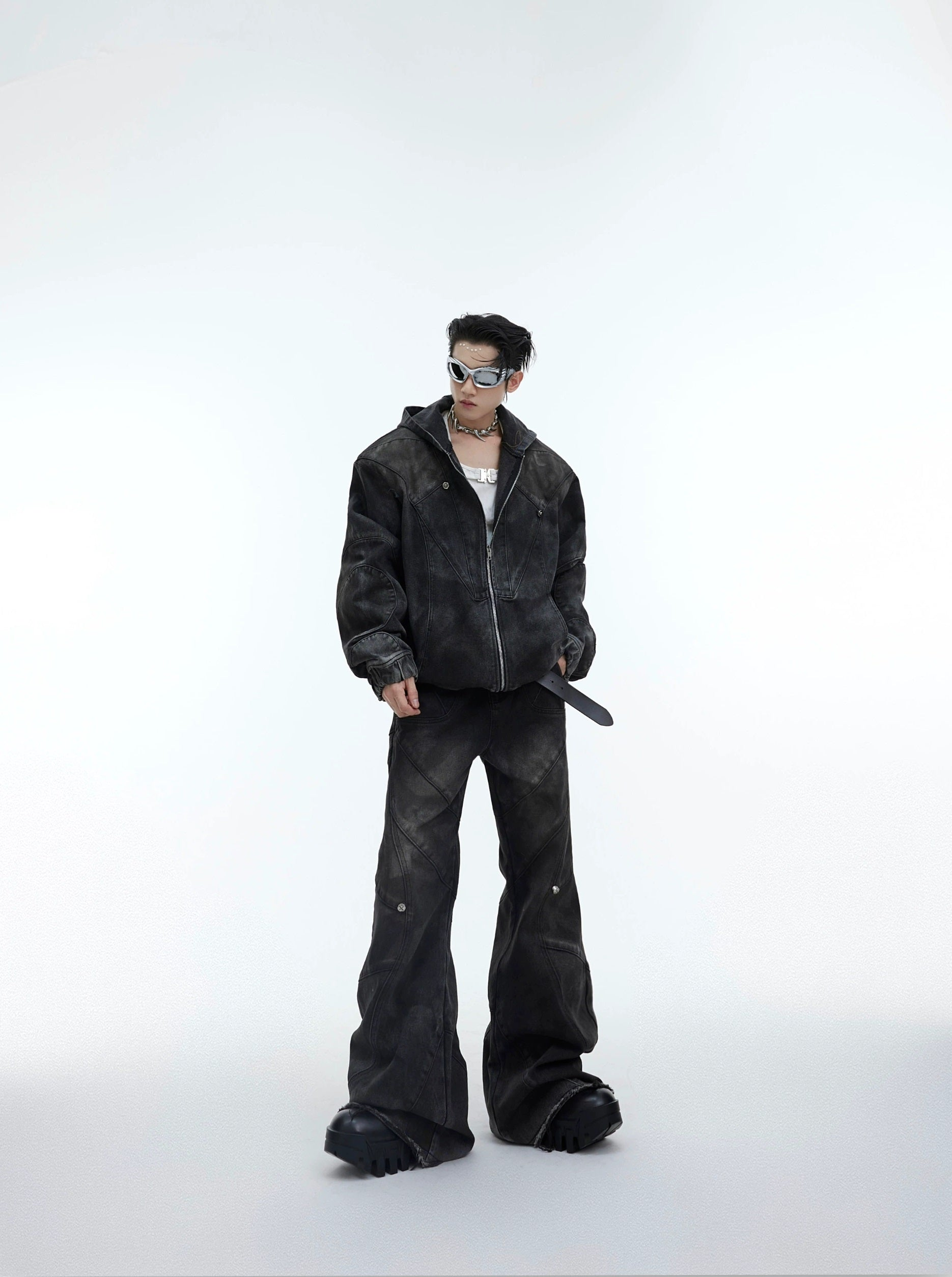 Oversize Shoulder-pad Hooded Denim Jacket & Deconstructed Denim Jeans Setup
