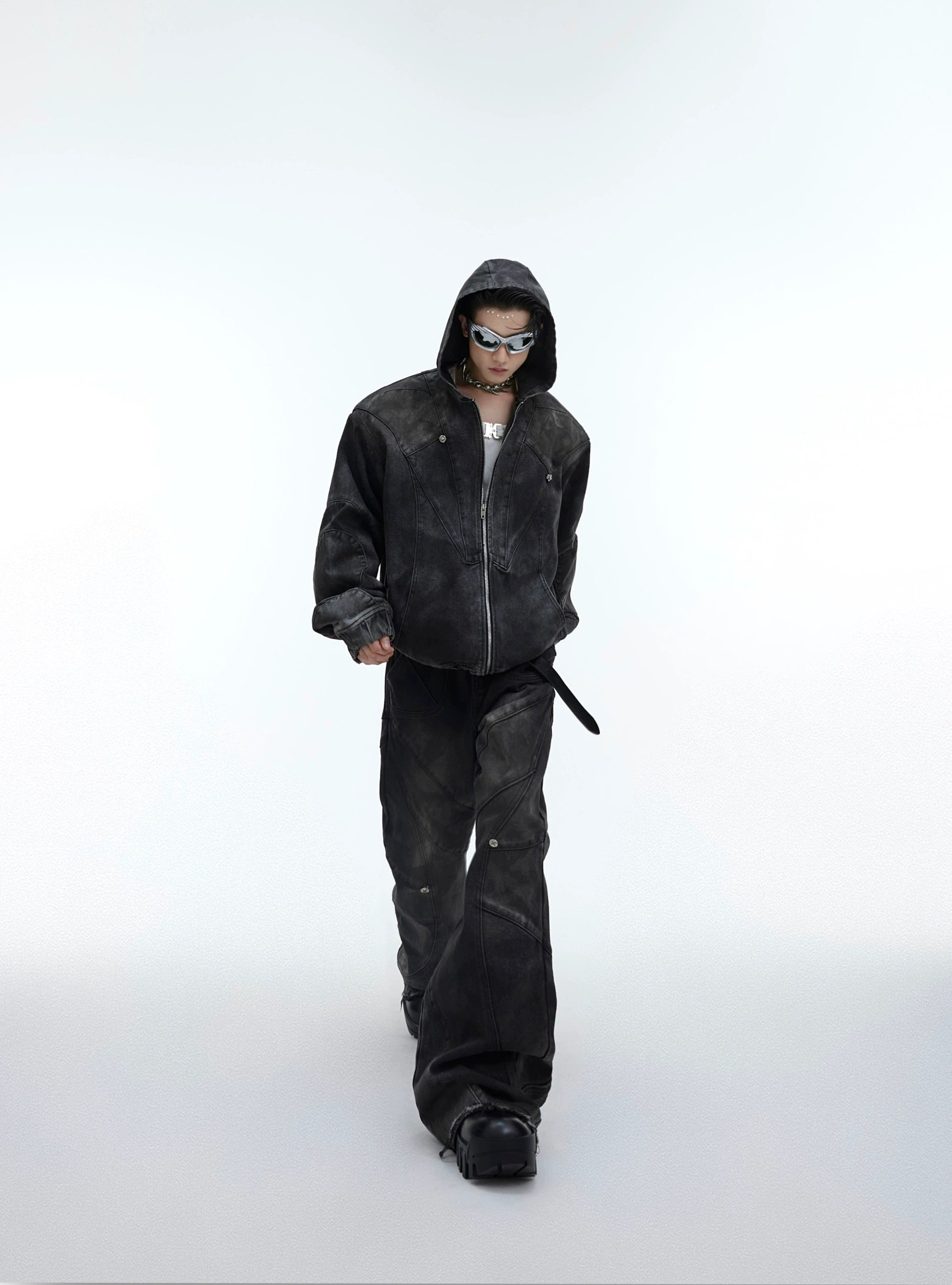 Oversize Shoulder-pad Hooded Denim Jacket & Deconstructed Denim Jeans Setup