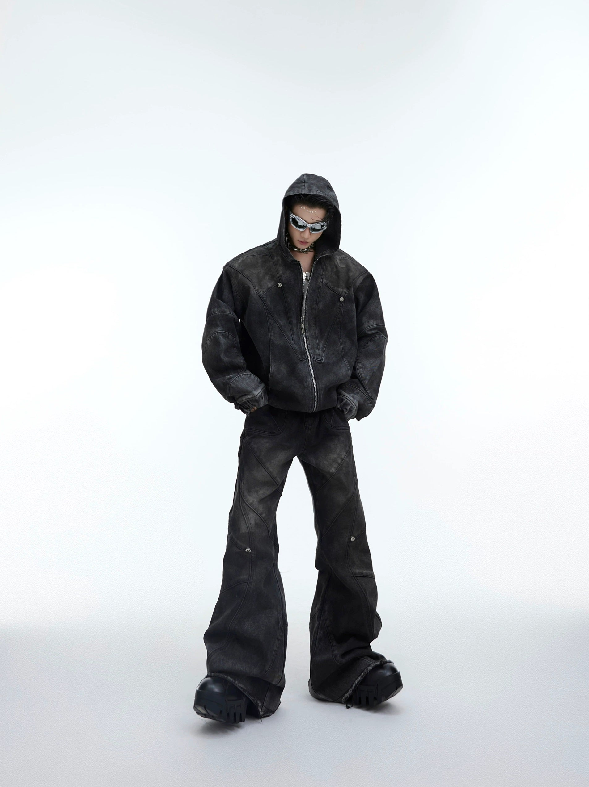 Oversize Shoulder-pad Hooded Denim Jacket & Deconstructed Denim Jeans Setup