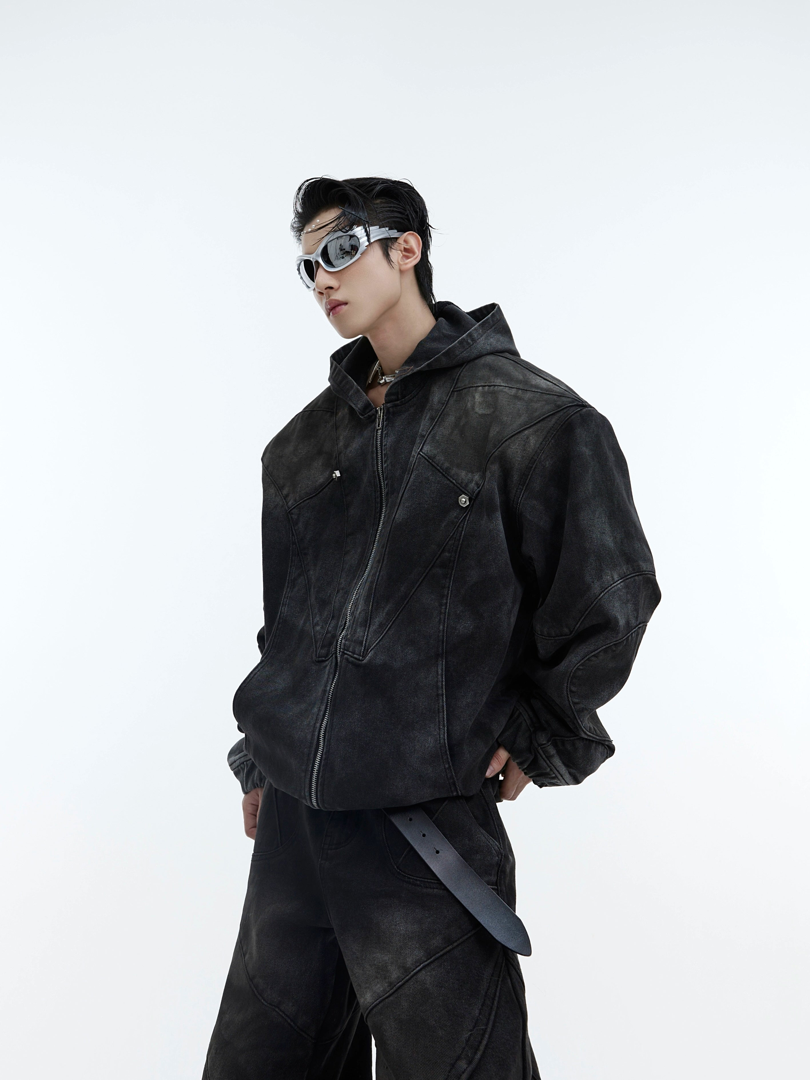 Oversize Shoulder-pad Hooded Denim Jacket & Deconstructed Denim Jeans Setup