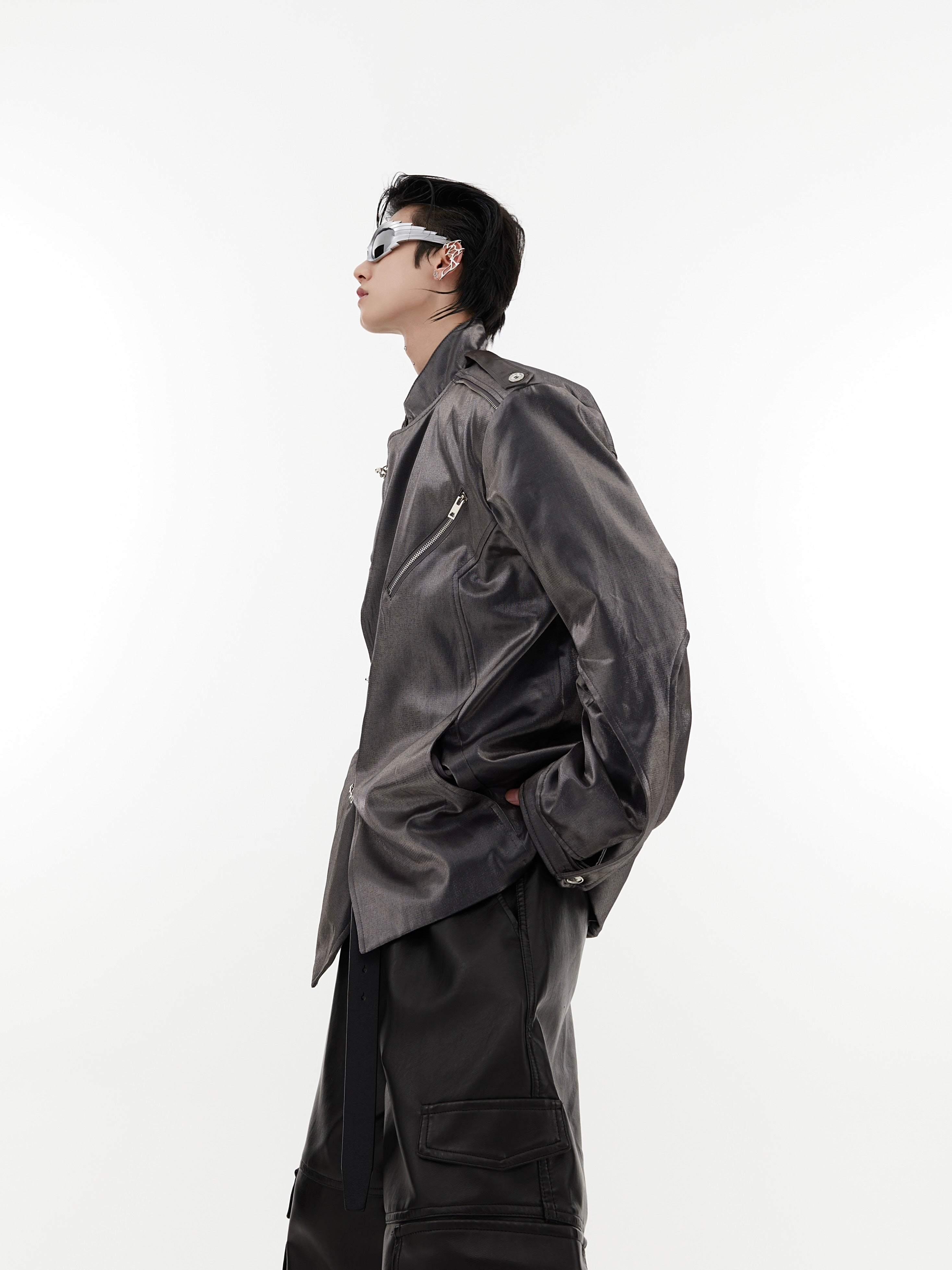Oversize Shoulder-pad Metal Buckle Standing-collar Jacket