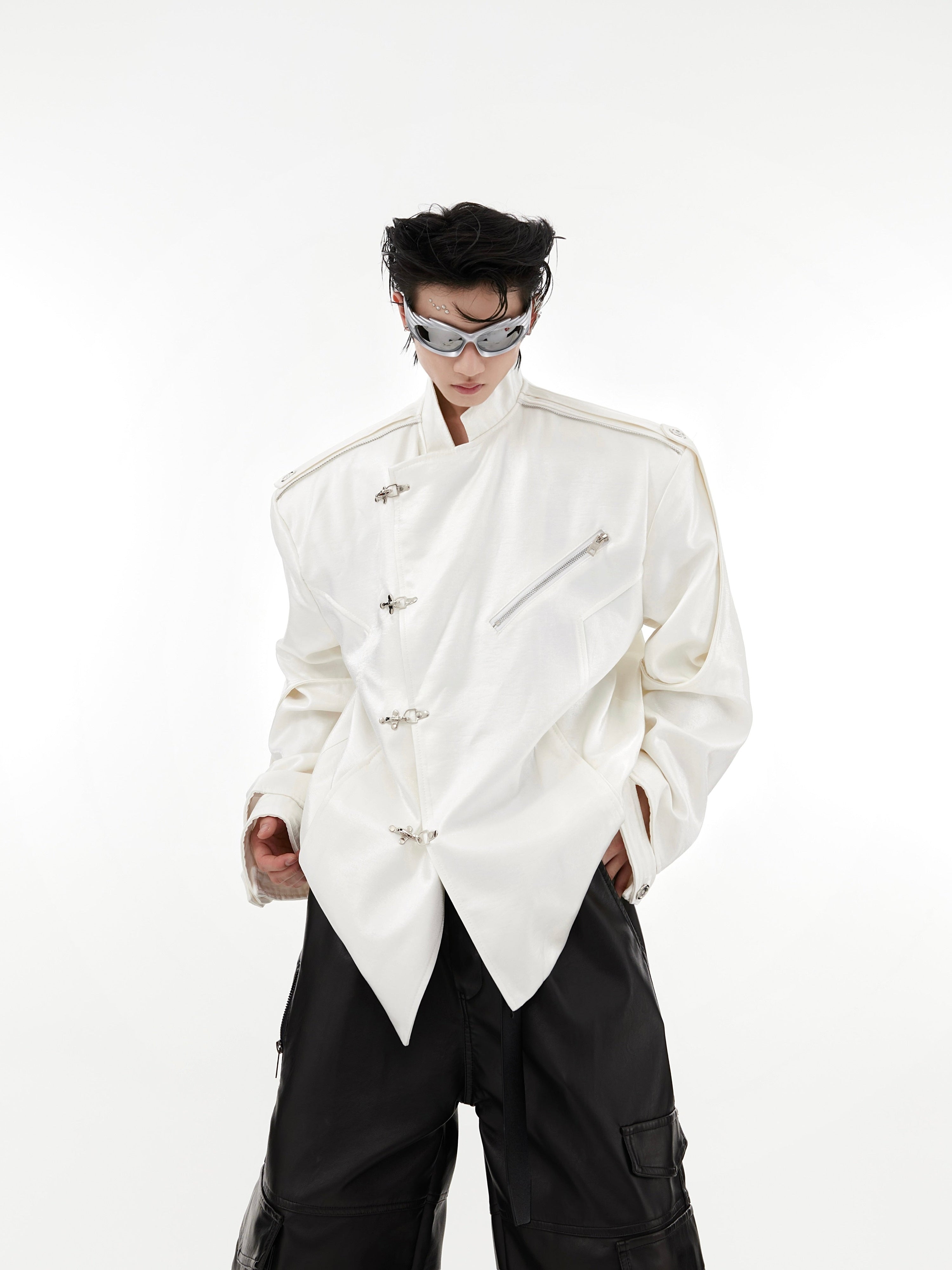 Oversize Shoulder-pad Metal Buckle Standing-collar Jacket