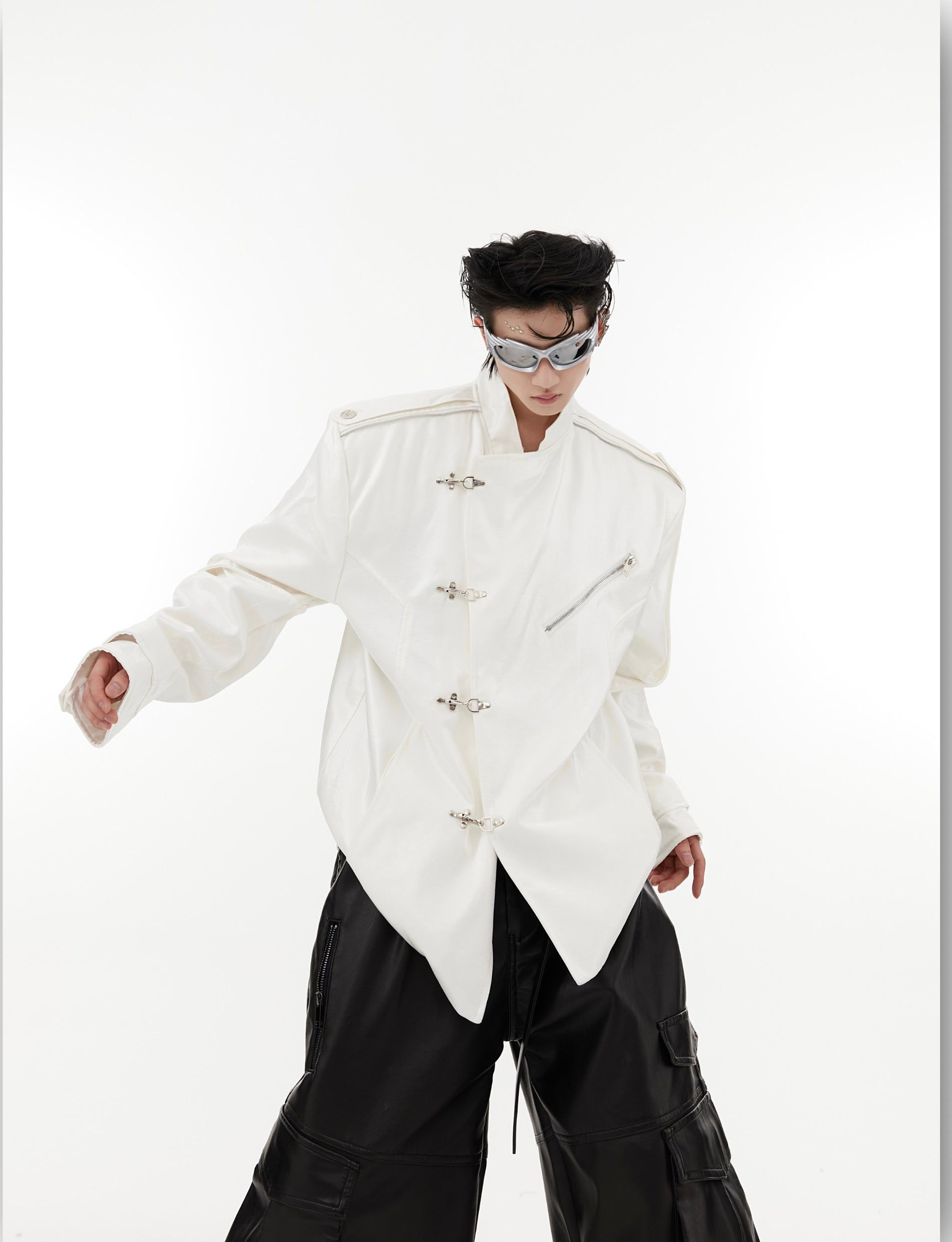 Oversize Shoulder-pad Metal Buckle Standing-collar Jacket
