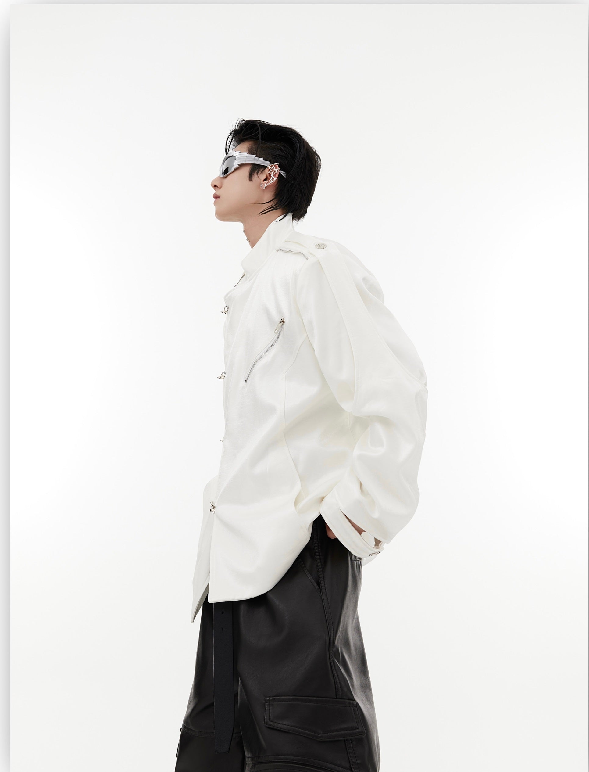 Oversize Shoulder-pad Metal Buckle Standing-collar Jacket