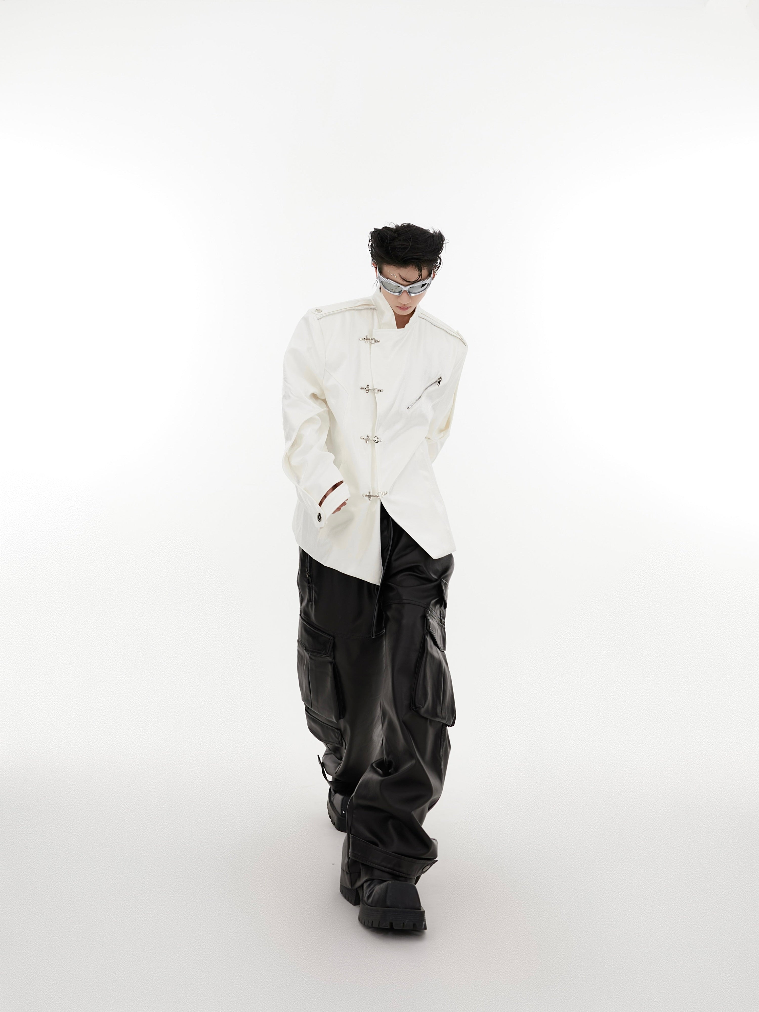 Oversize Shoulder-pad Metal Buckle Standing-collar Jacket