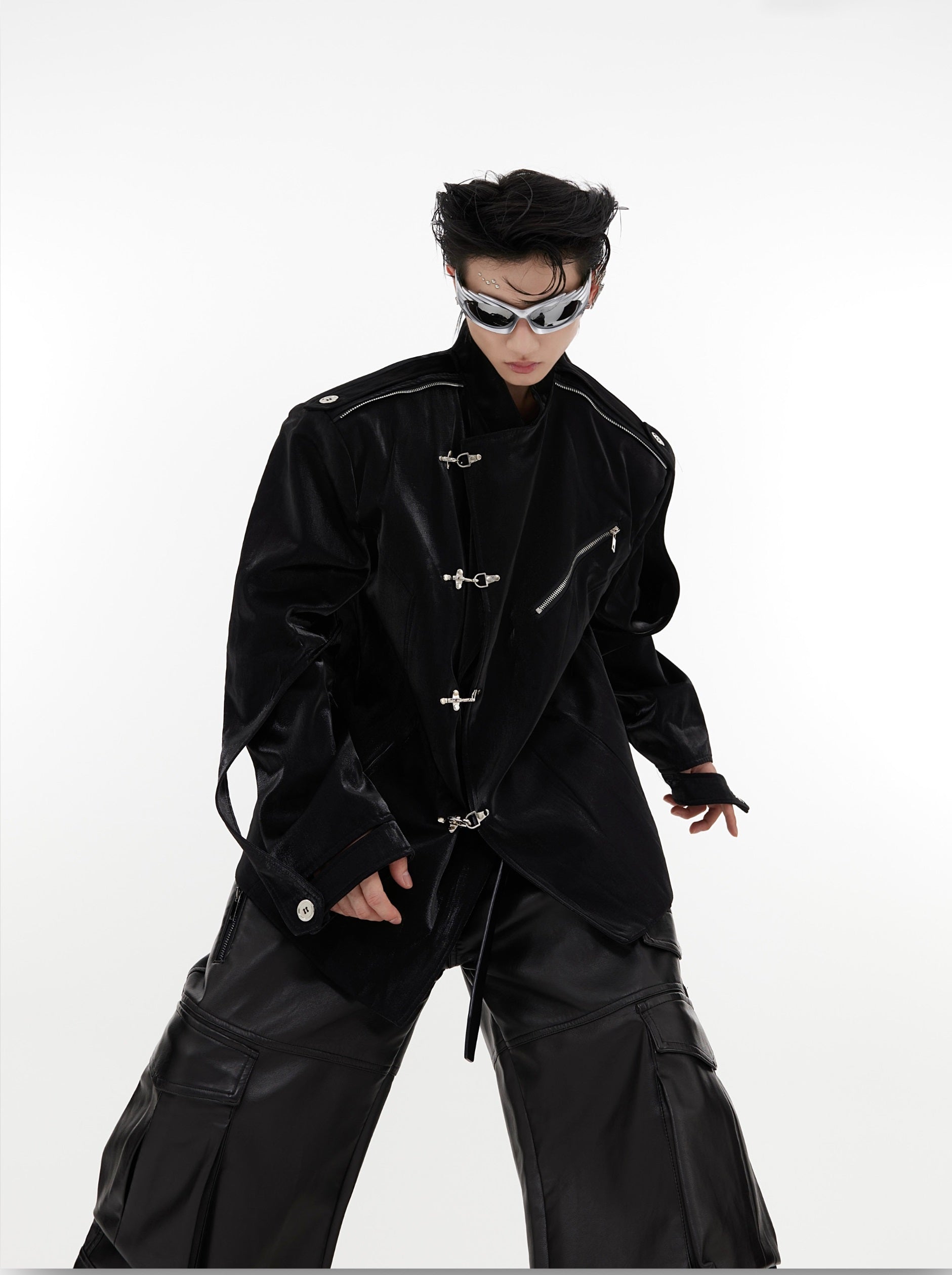Oversize Shoulder-pad Metal Buckle Standing-collar Jacket