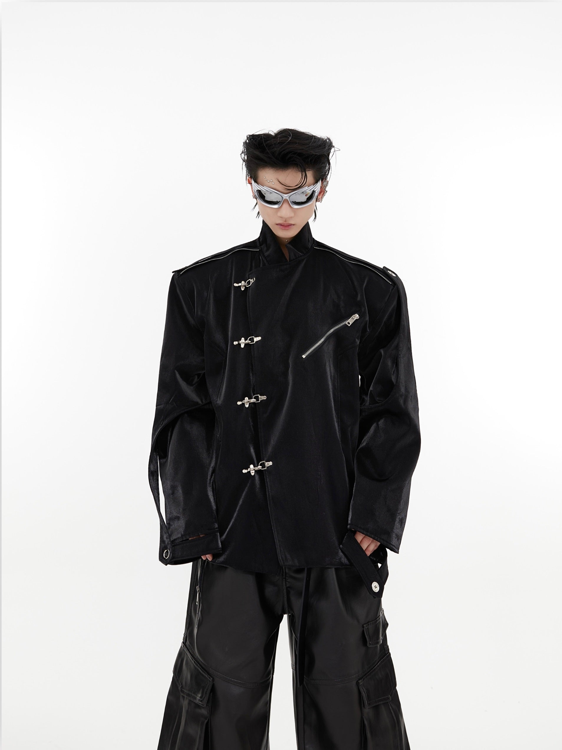 Oversize Shoulder-pad Metal Buckle Standing-collar Jacket