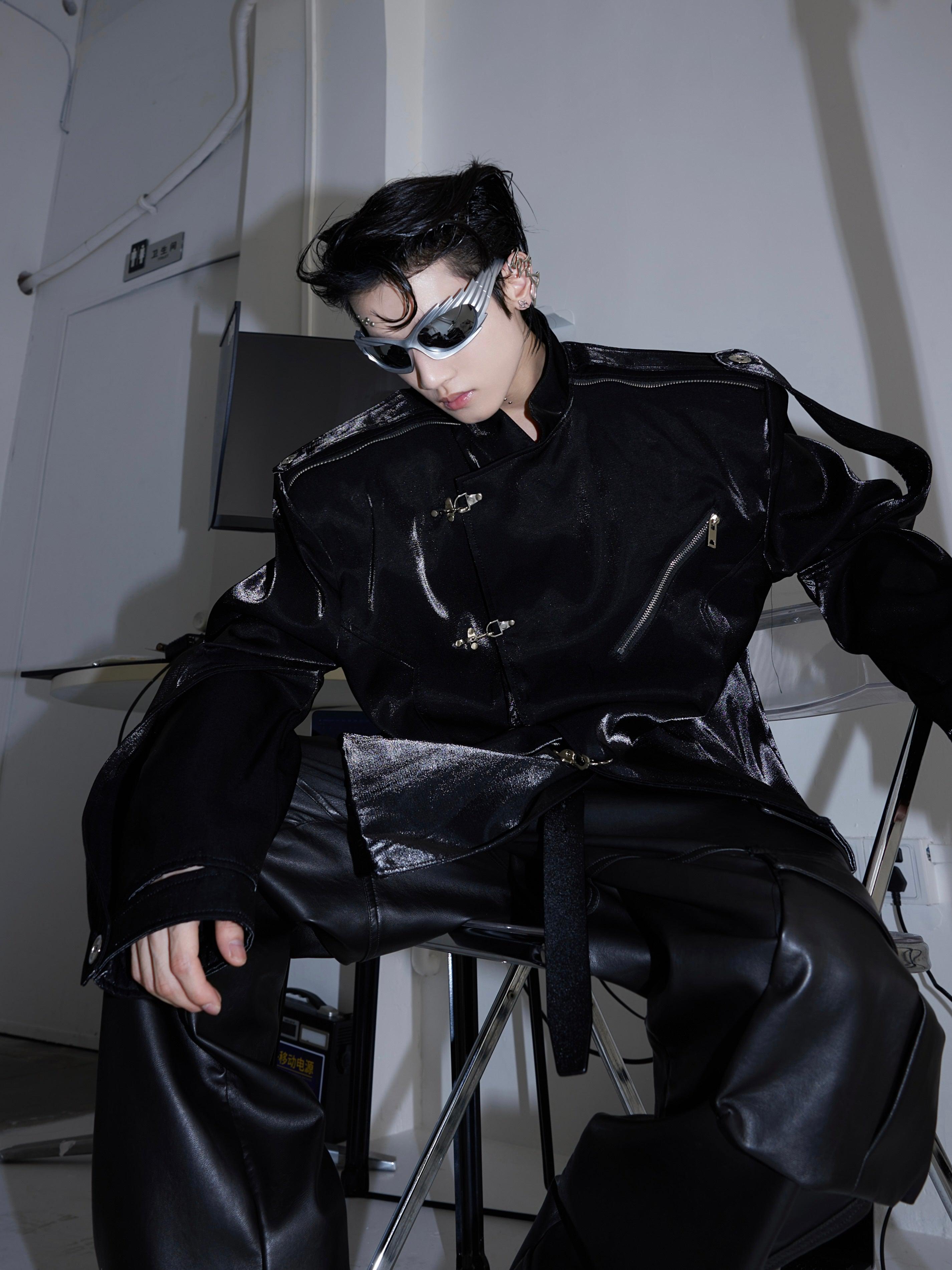 Oversize Shoulder-pad Metal Buckle Standing-collar Jacket