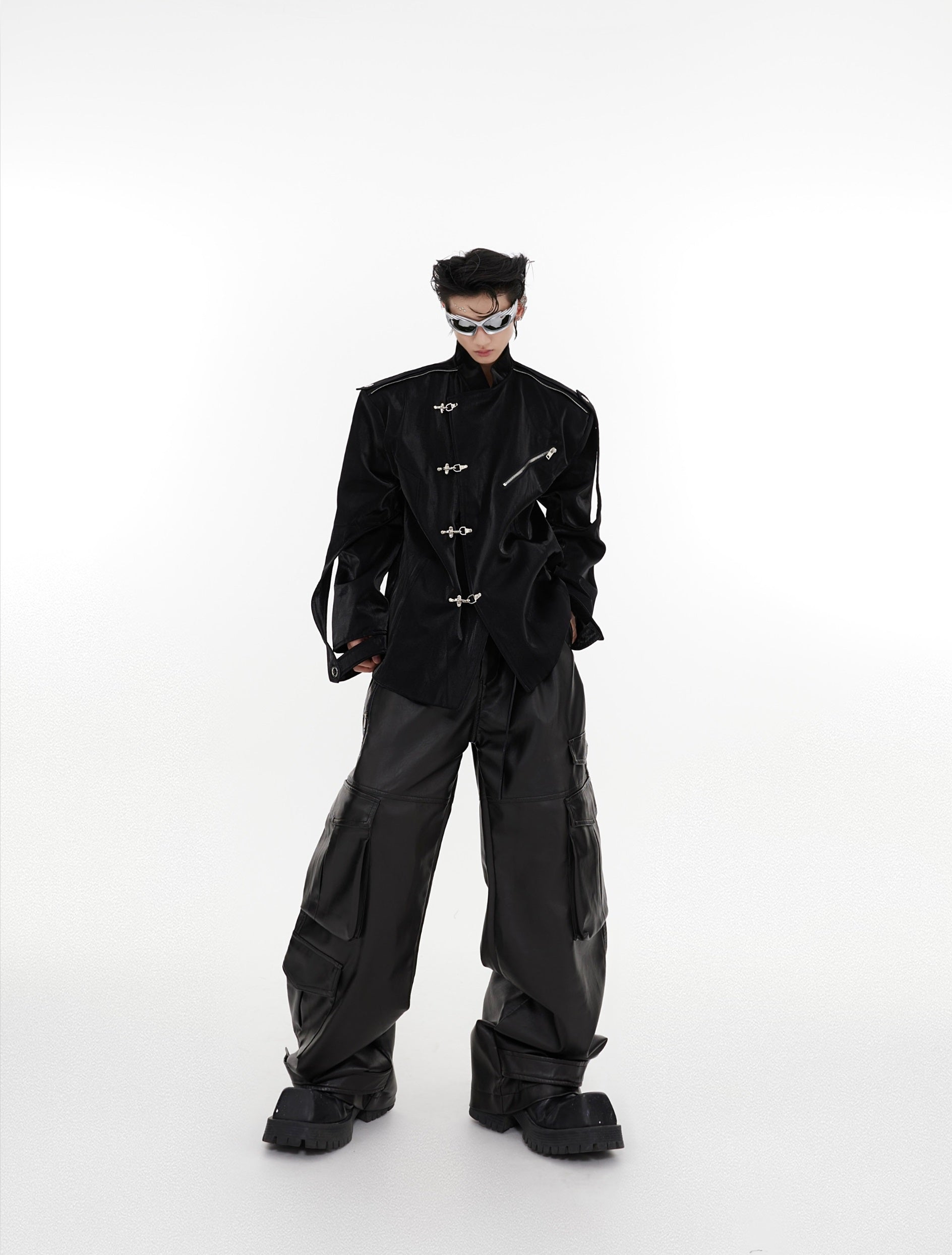 Oversize Shoulder-pad Metal Buckle Standing-collar Jacket