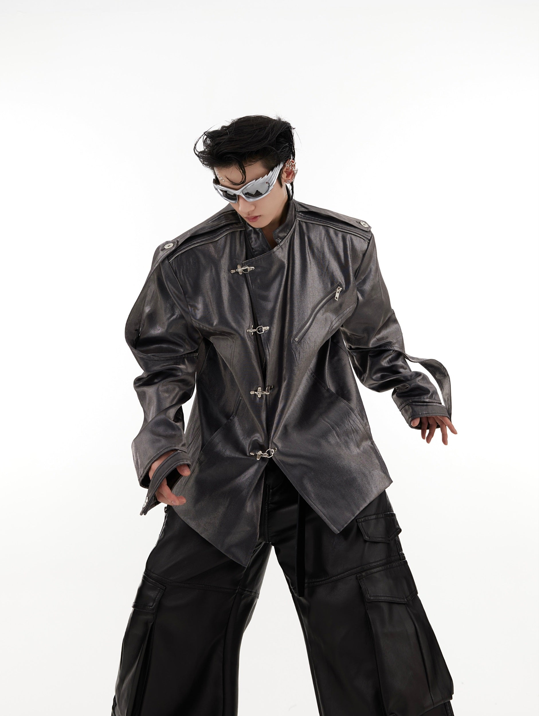 Oversize Shoulder-pad Metal Buckle Standing-collar Jacket