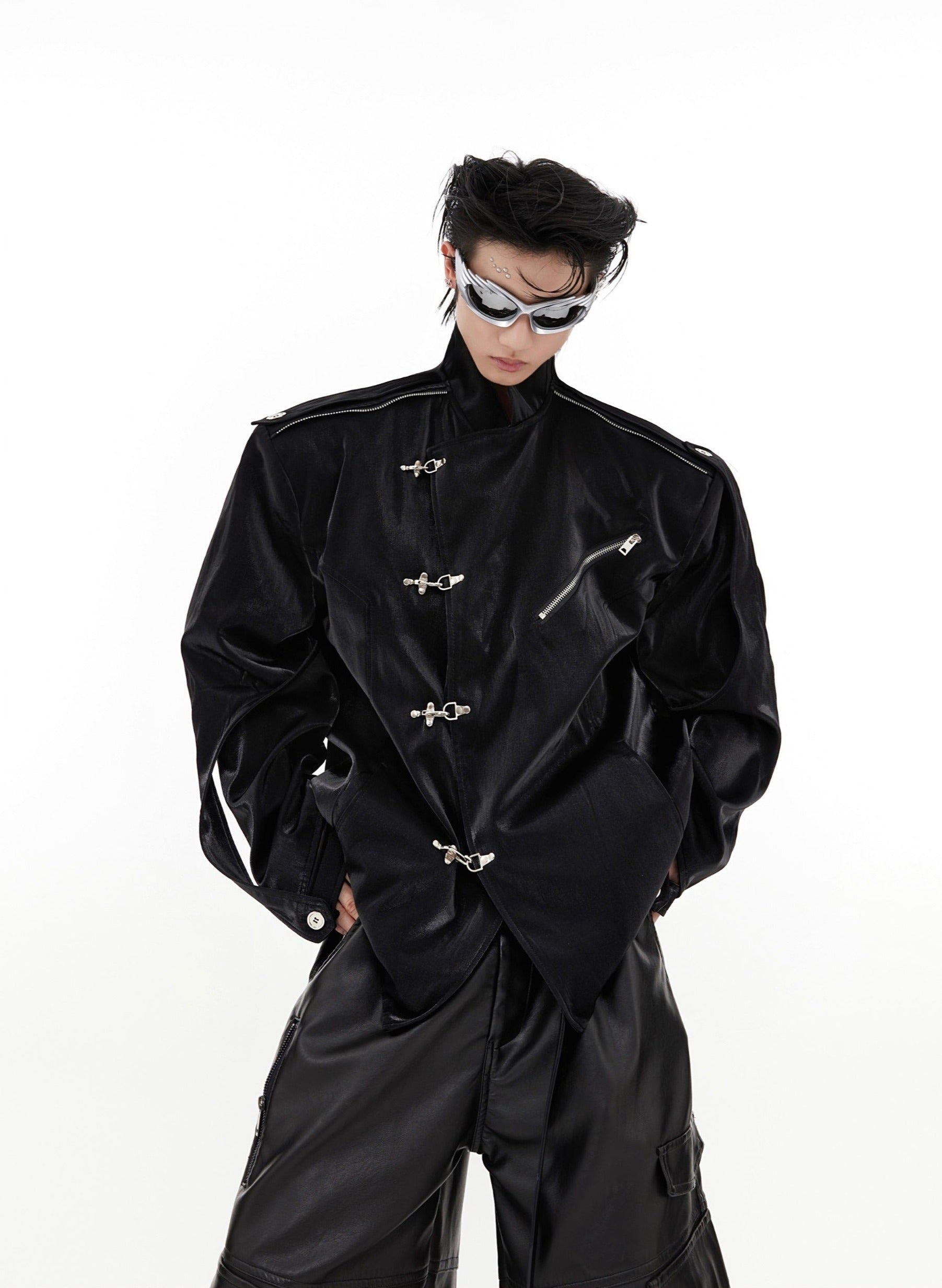 Oversize Shoulder-pad Metal Buckle Standing-collar Jacket