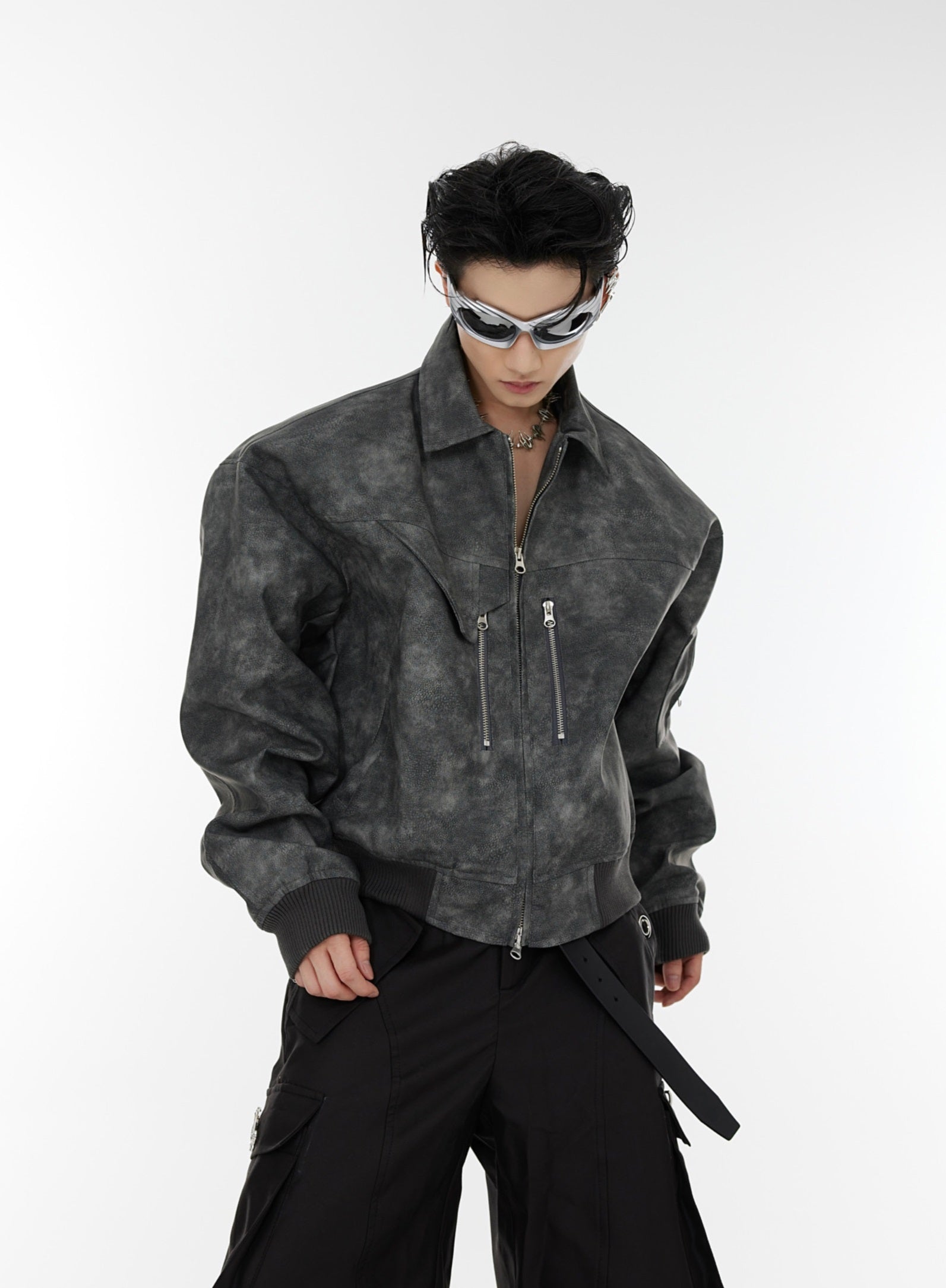 Oversize Shoulder-pad PU Leather Jacket