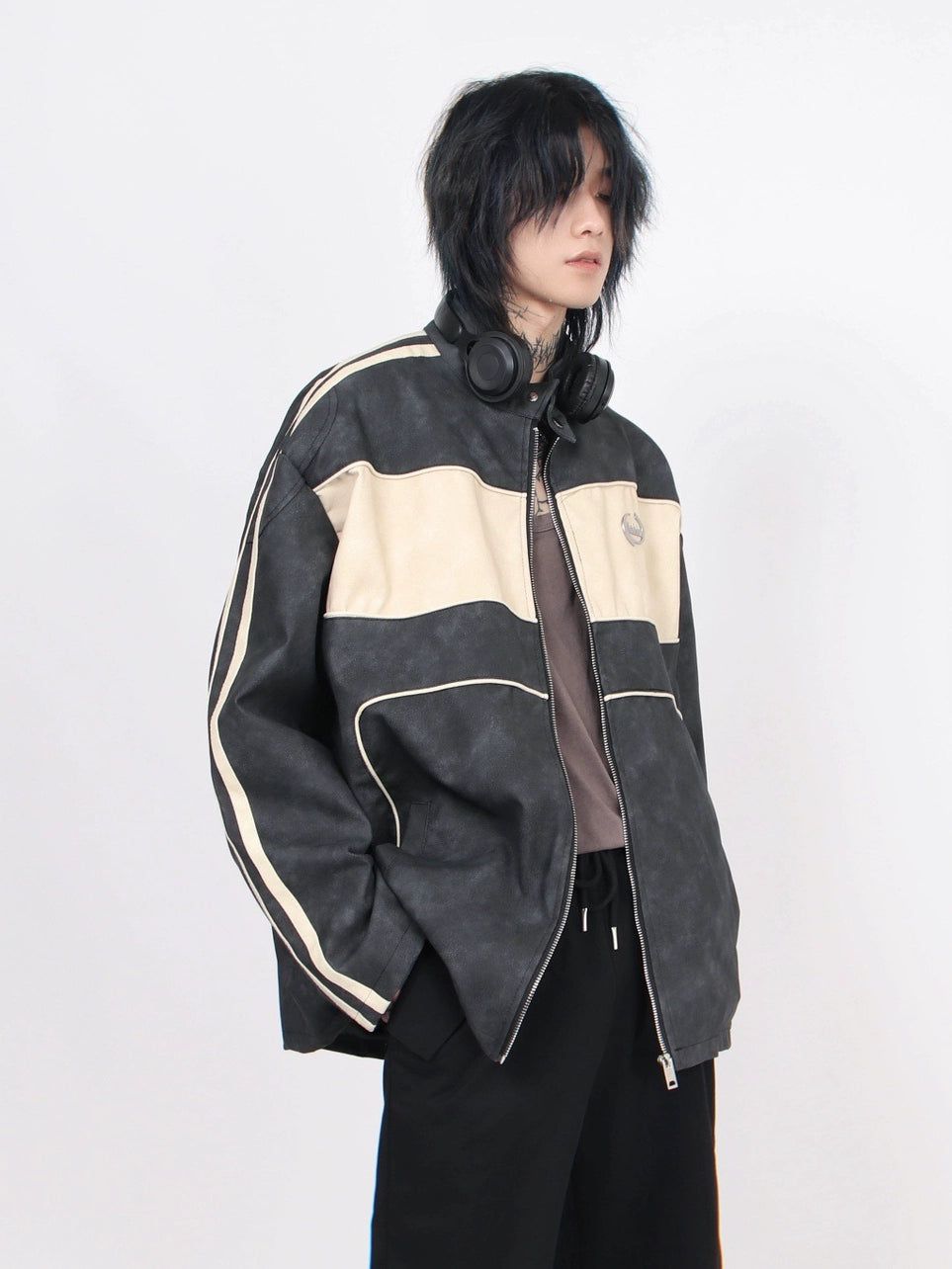 Oversize Standing-collar PU Leather Jacket