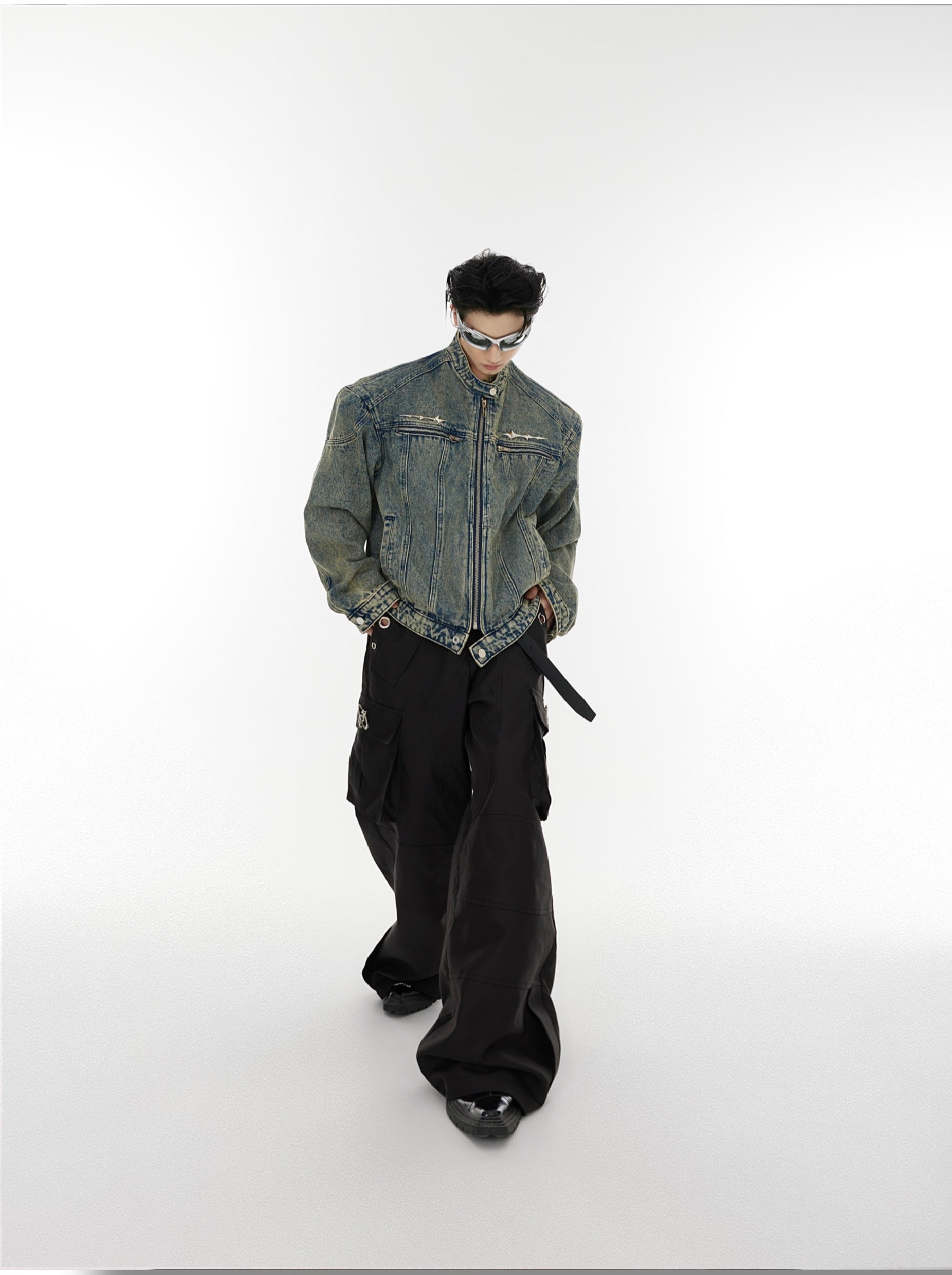 Oversize Standing-collar Zipper Denim Jacket