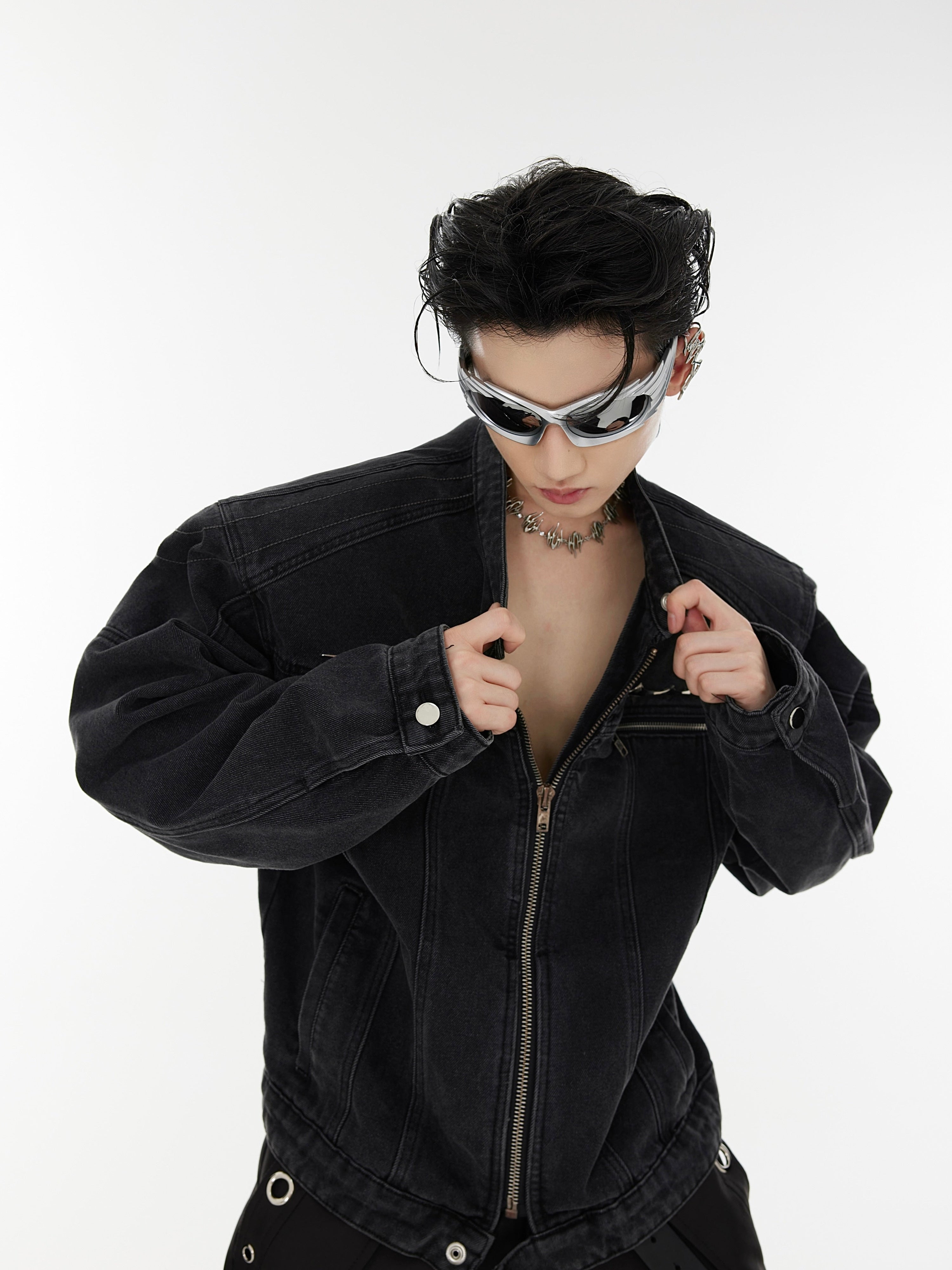 Oversize Standing-collar Zipper Denim Jacket