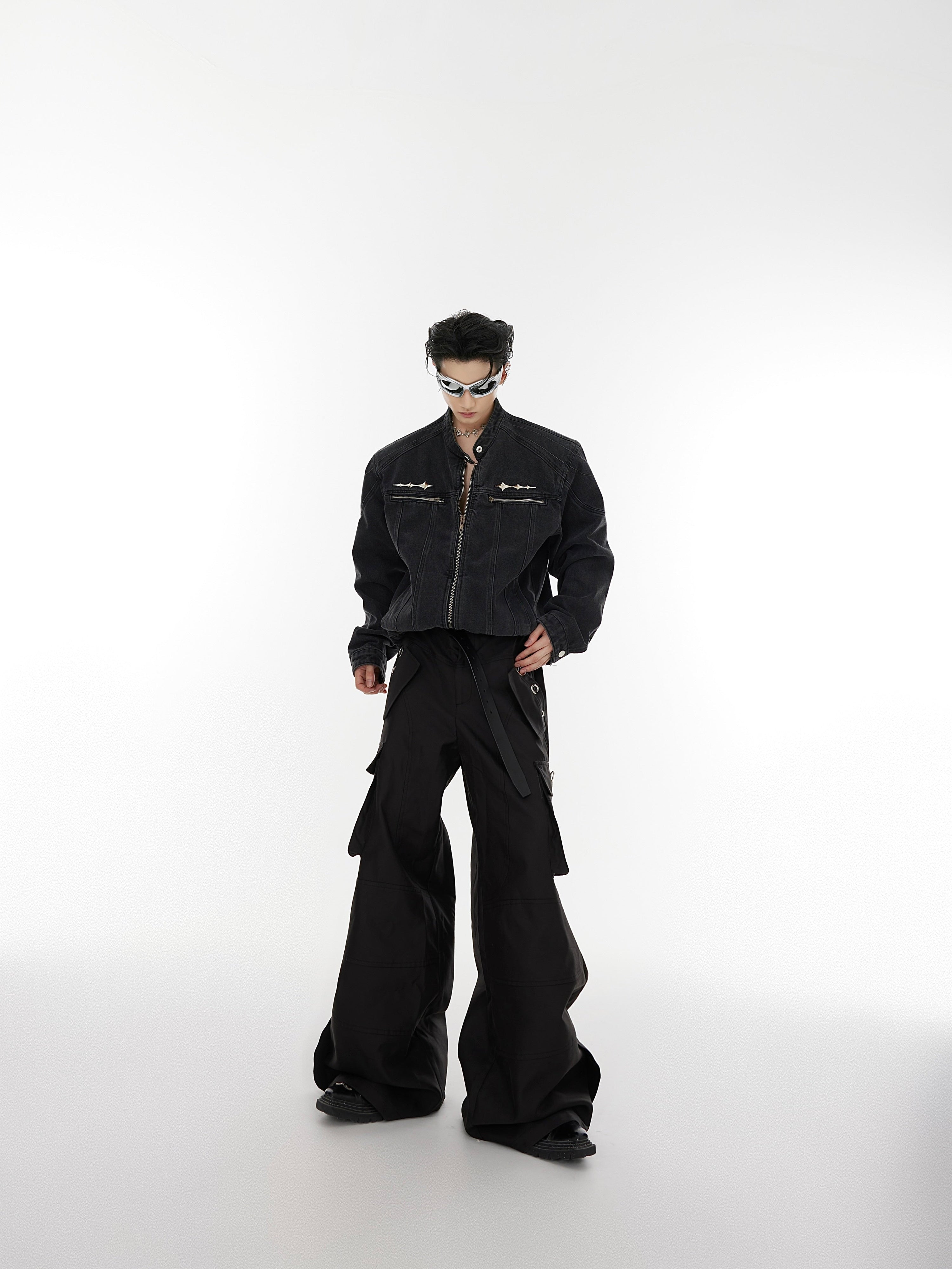 Oversize Standing-collar Zipper Denim Jacket
