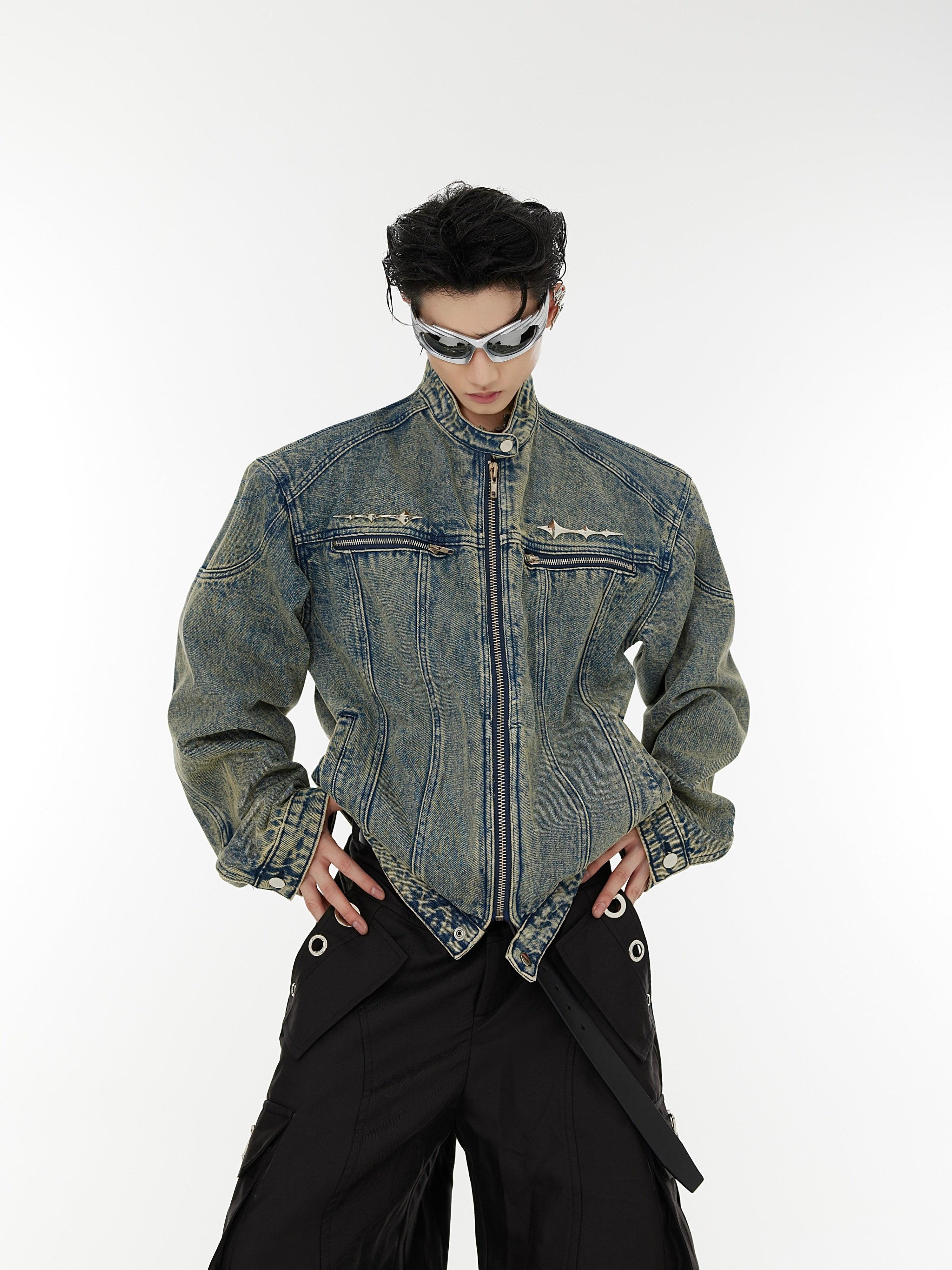 Oversize Standing-collar Zipper Denim Jacket