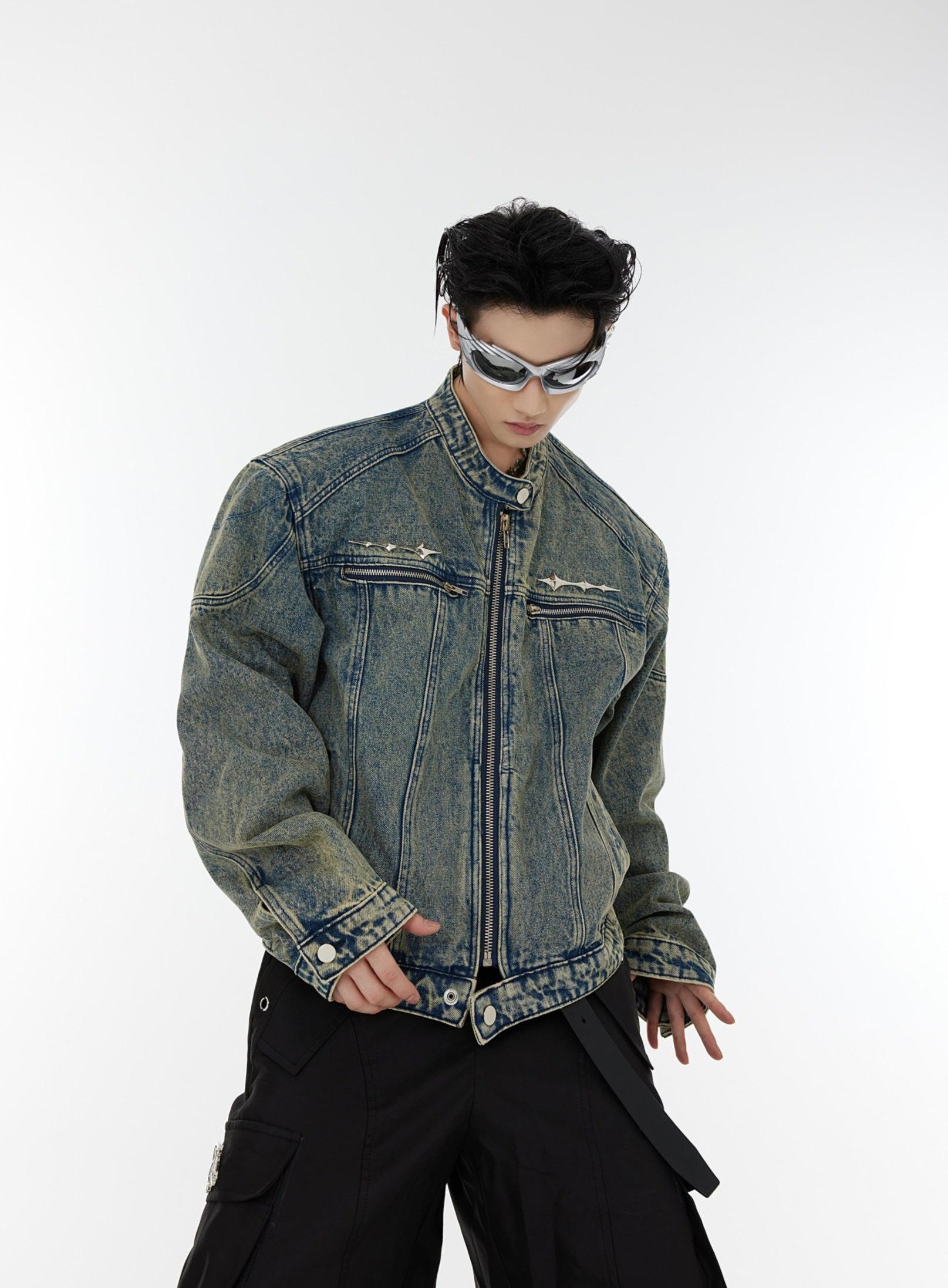 Oversize Standing-collar Zipper Denim Jacket