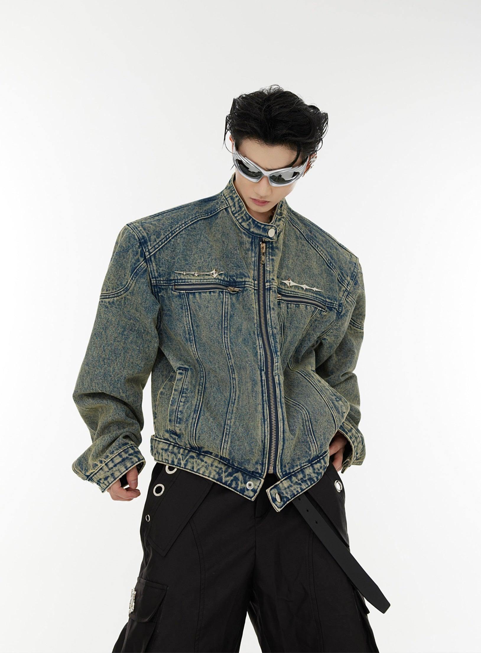 Oversize Standing-collar Zipper Denim Jacket