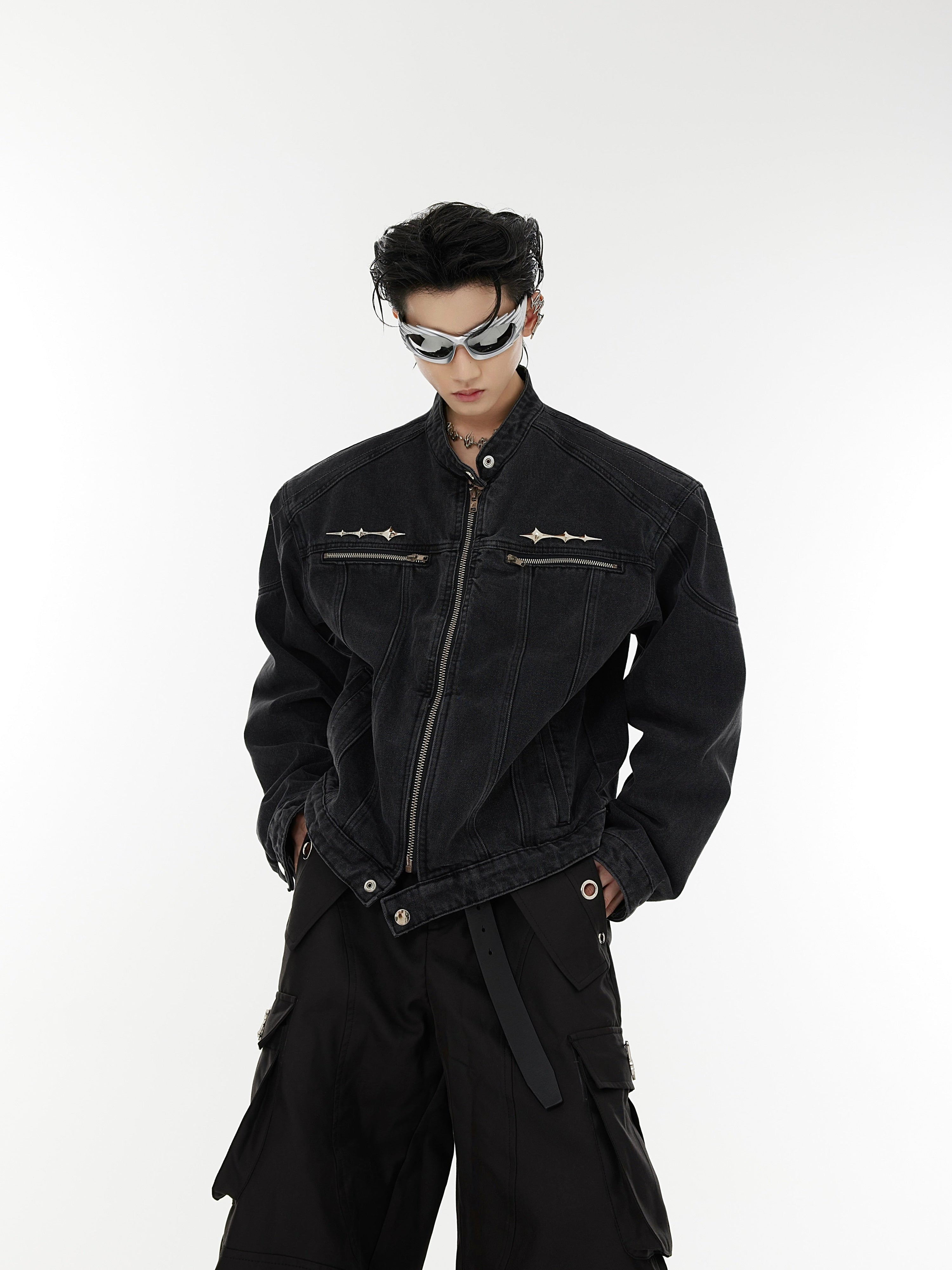 Oversize Standing-collar Zipper Denim Jacket