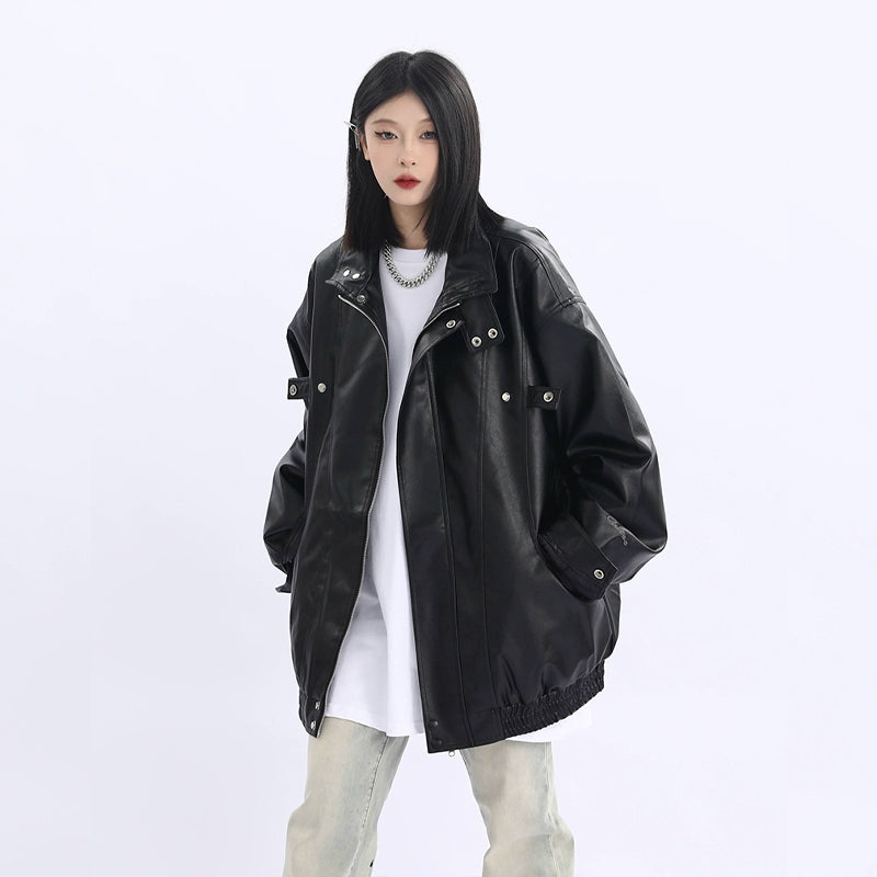 Oversized Standing-Collar PU Leather Jacket