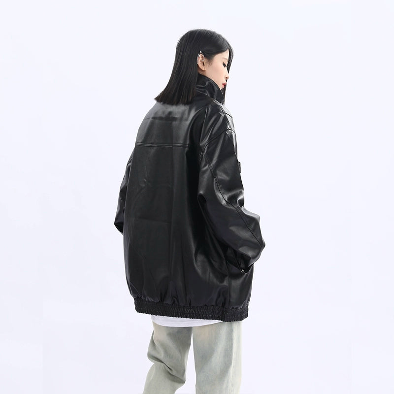 Oversized Standing-Collar PU Leather Jacket