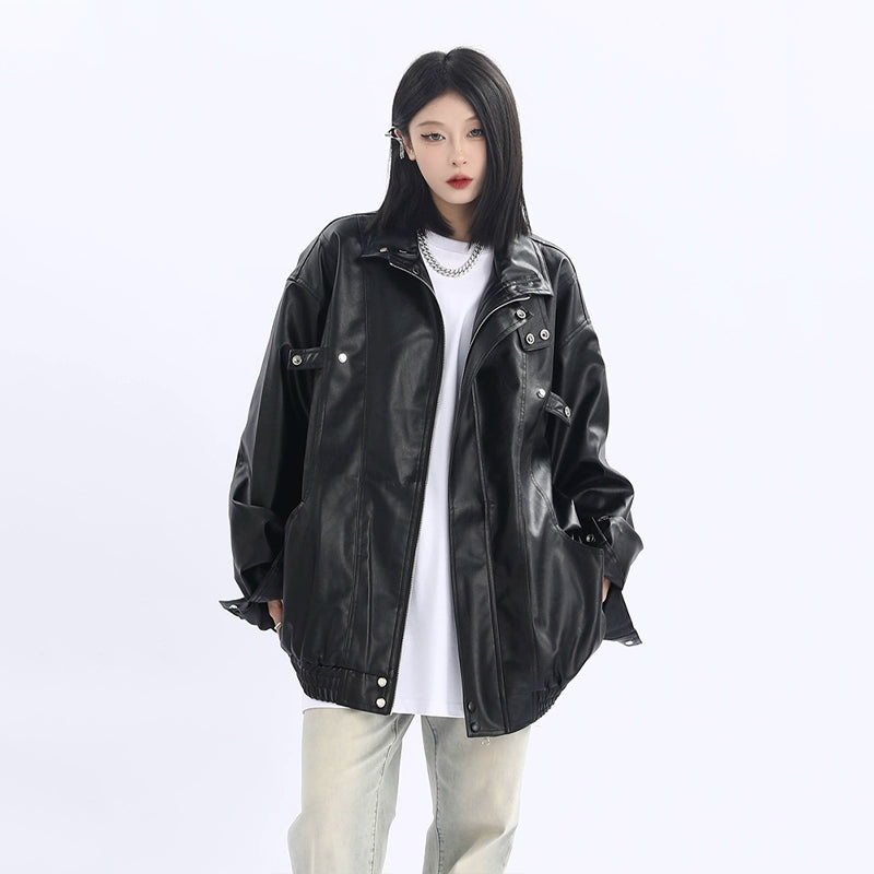 Oversized Standing-Collar PU Leather Jacket