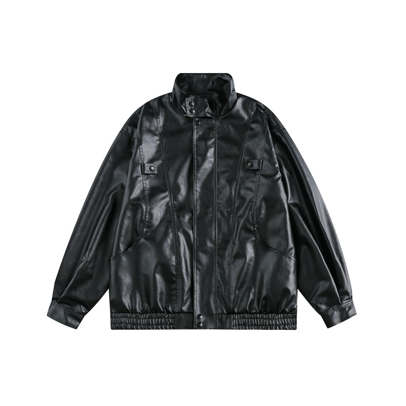 Oversized Standing-Collar PU Leather Jacket