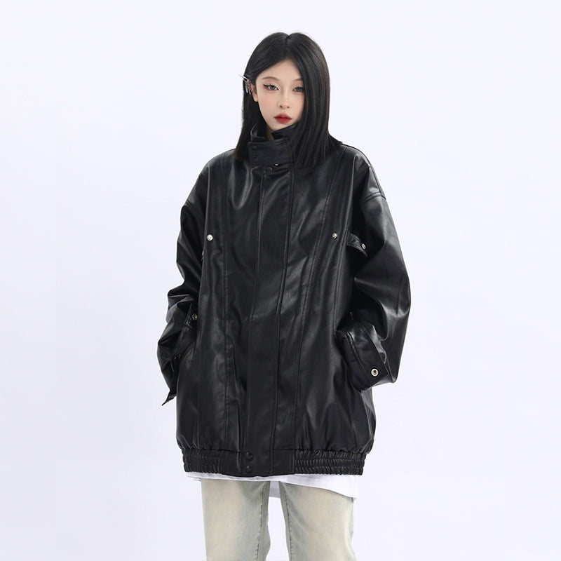 Oversized Standing-Collar PU Leather Jacket