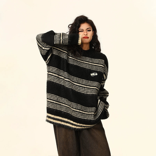 Oversized Striped Knit Sweater - Black / S