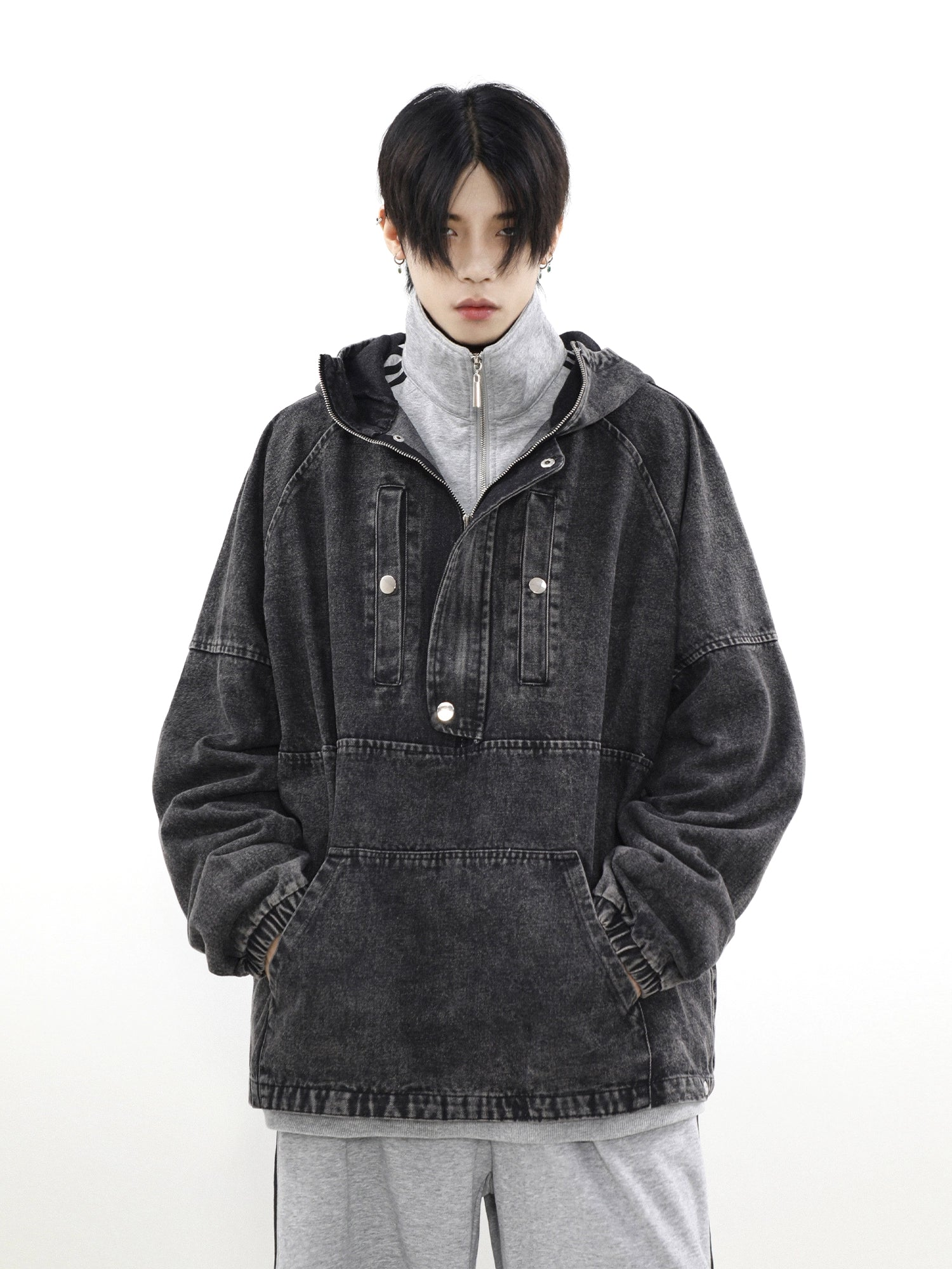 Felpa con cappuccio oversize in denim con cerniera