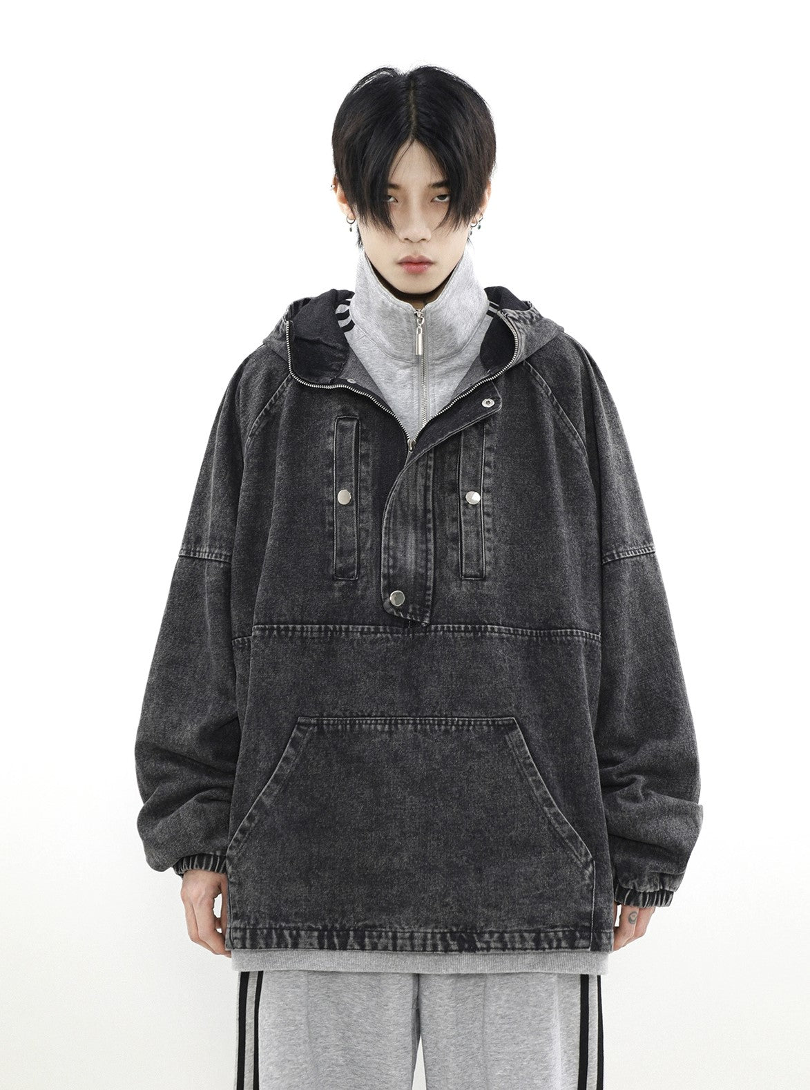 Felpa con cappuccio oversize in denim con cerniera