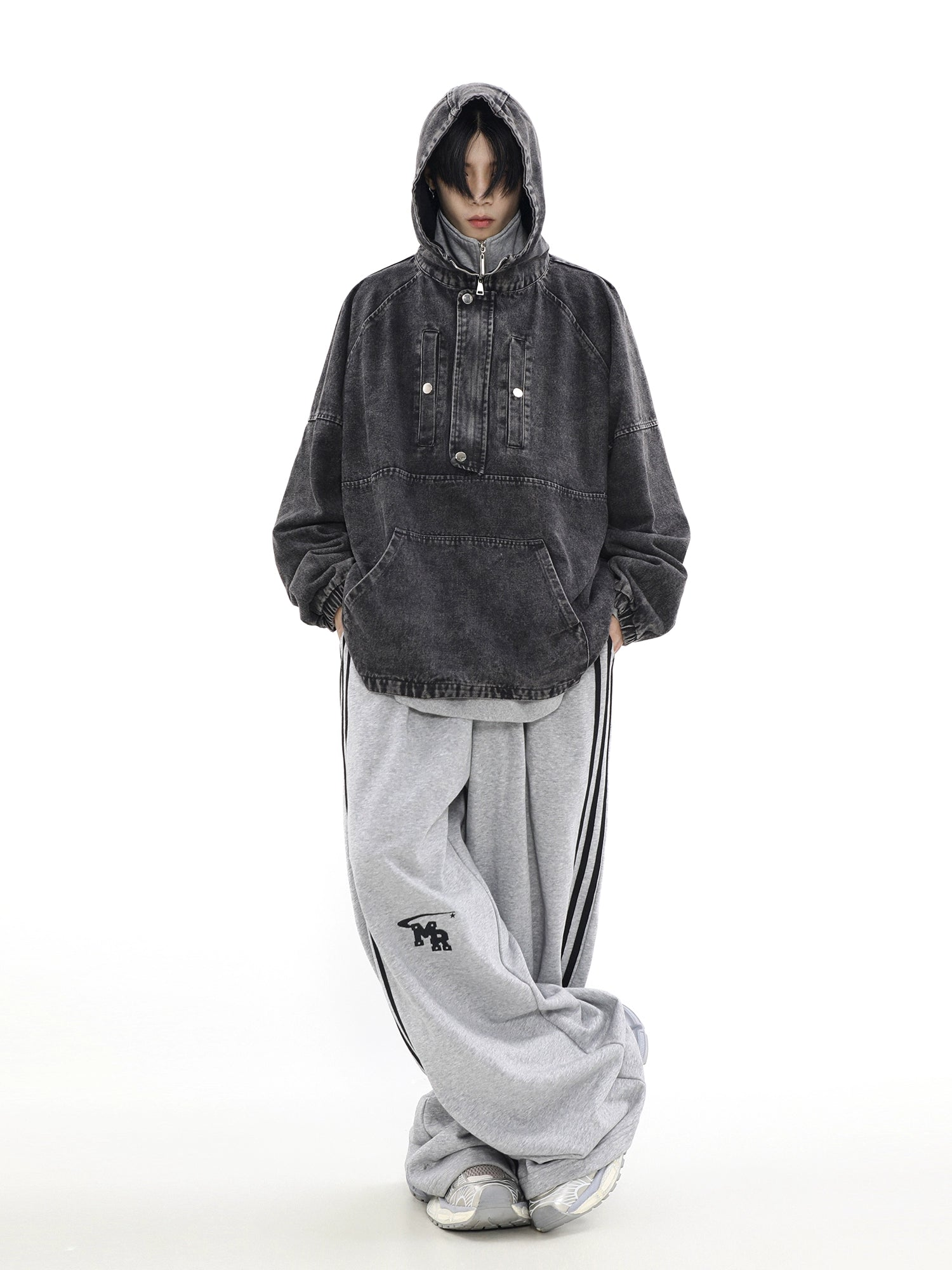 Felpa con cappuccio oversize in denim con cerniera