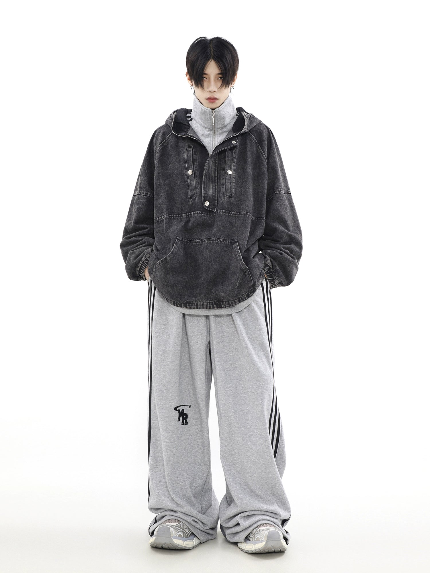 Felpa con cappuccio oversize in denim con cerniera