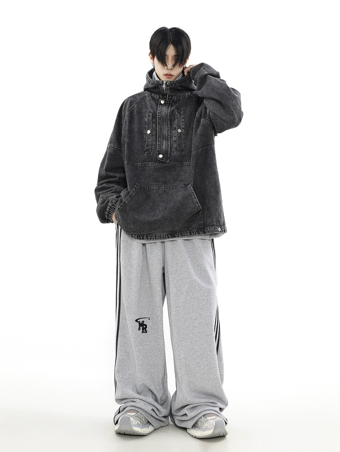 Felpa con cappuccio oversize in denim con cerniera