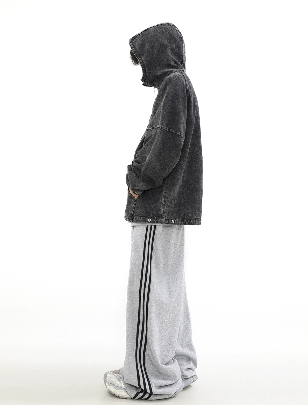 Felpa con cappuccio oversize in denim con cerniera