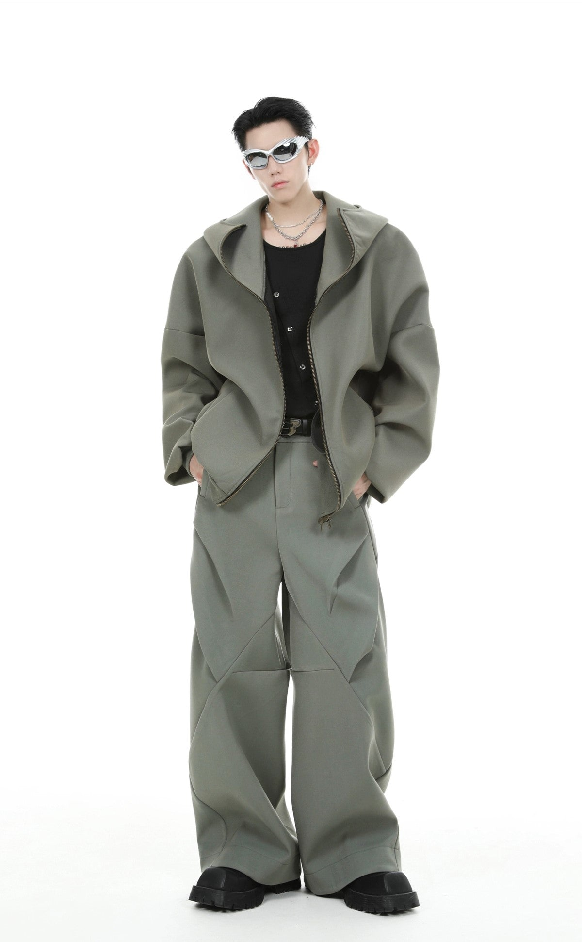 Oversize Zipper Hoodie & Wide-leg Pleats Sweatpants Setup