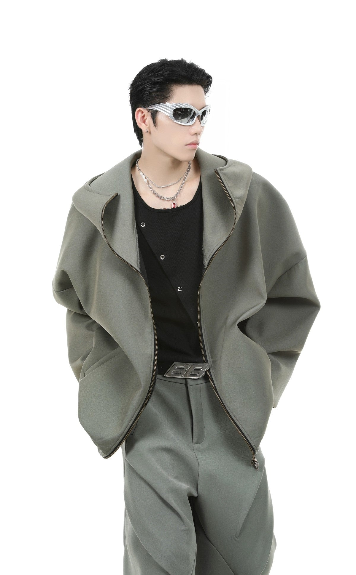 Oversize Zipper Hoodie & Wide-leg Pleats Sweatpants Setup