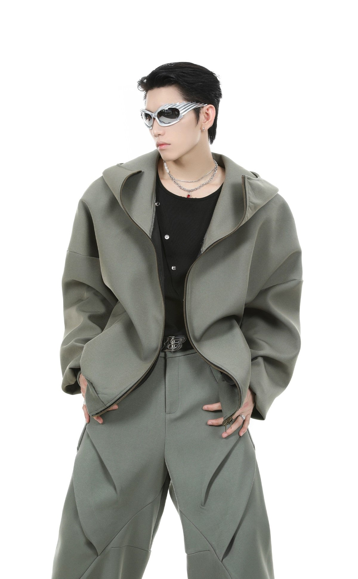 Oversize Zipper Hoodie & Wide-leg Pleats Sweatpants Setup