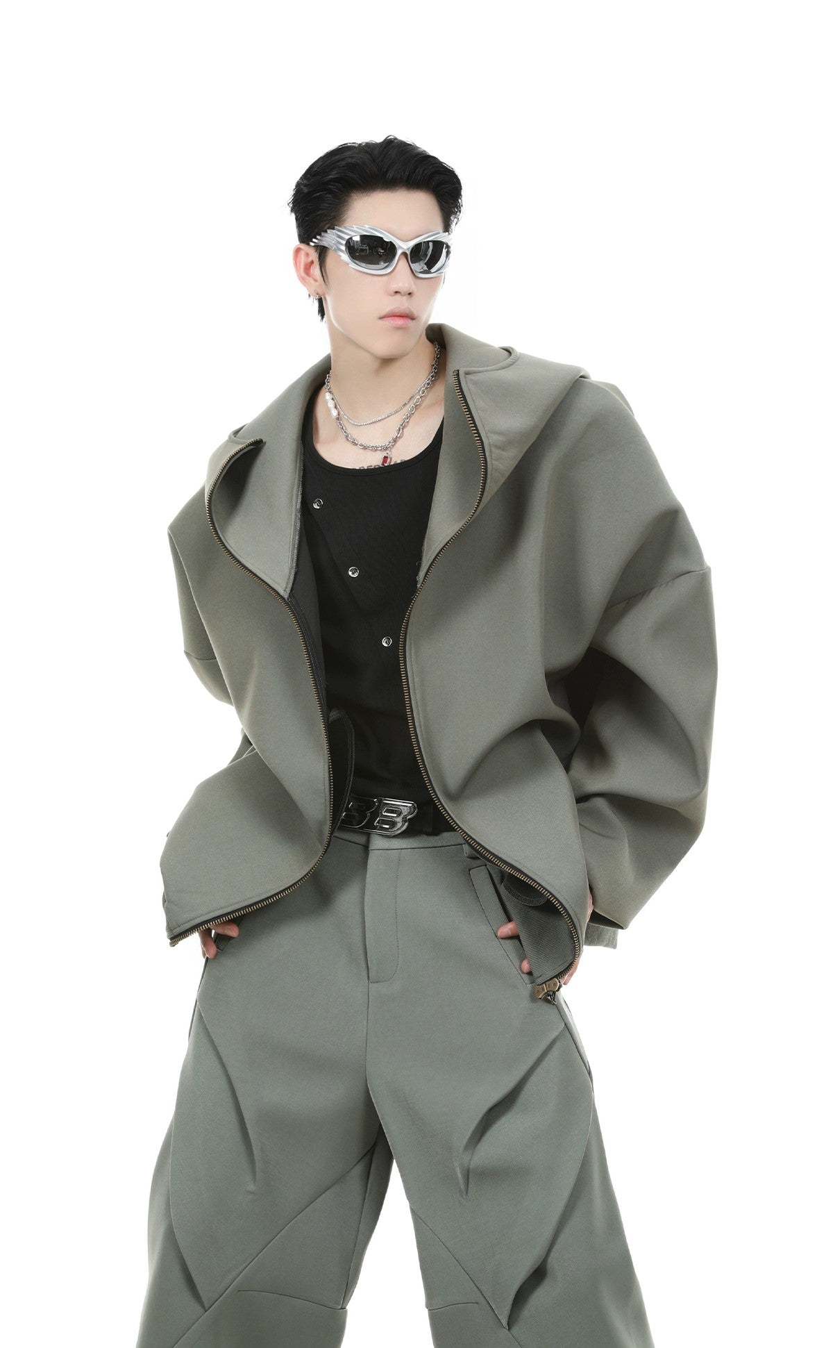 Oversize Zipper Hoodie & Wide-leg Pleats Sweatpants Setup