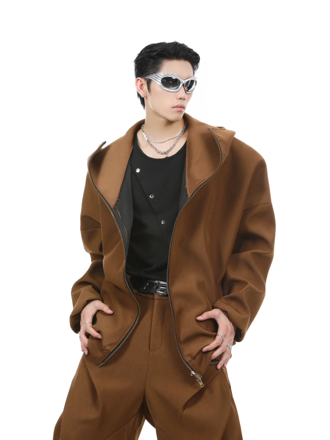 Oversize Zipper Hoodie & Wide-leg Pleats Sweatpants Setup