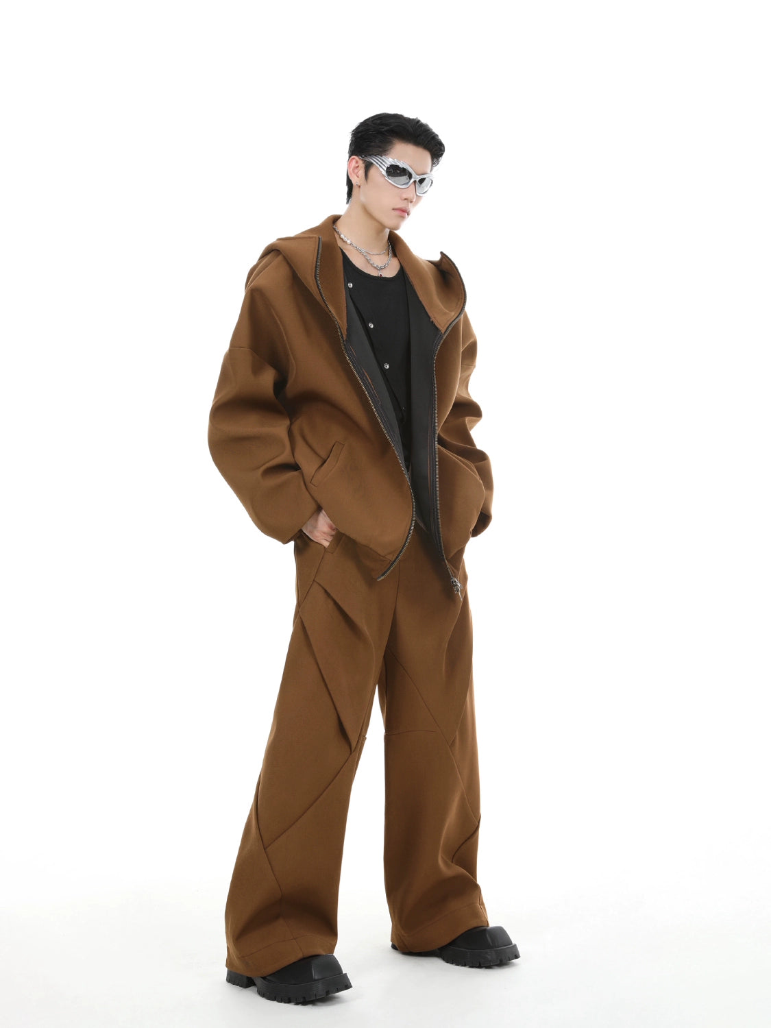 Oversize Zipper Hoodie & Wide-leg Pleats Sweatpants Setup