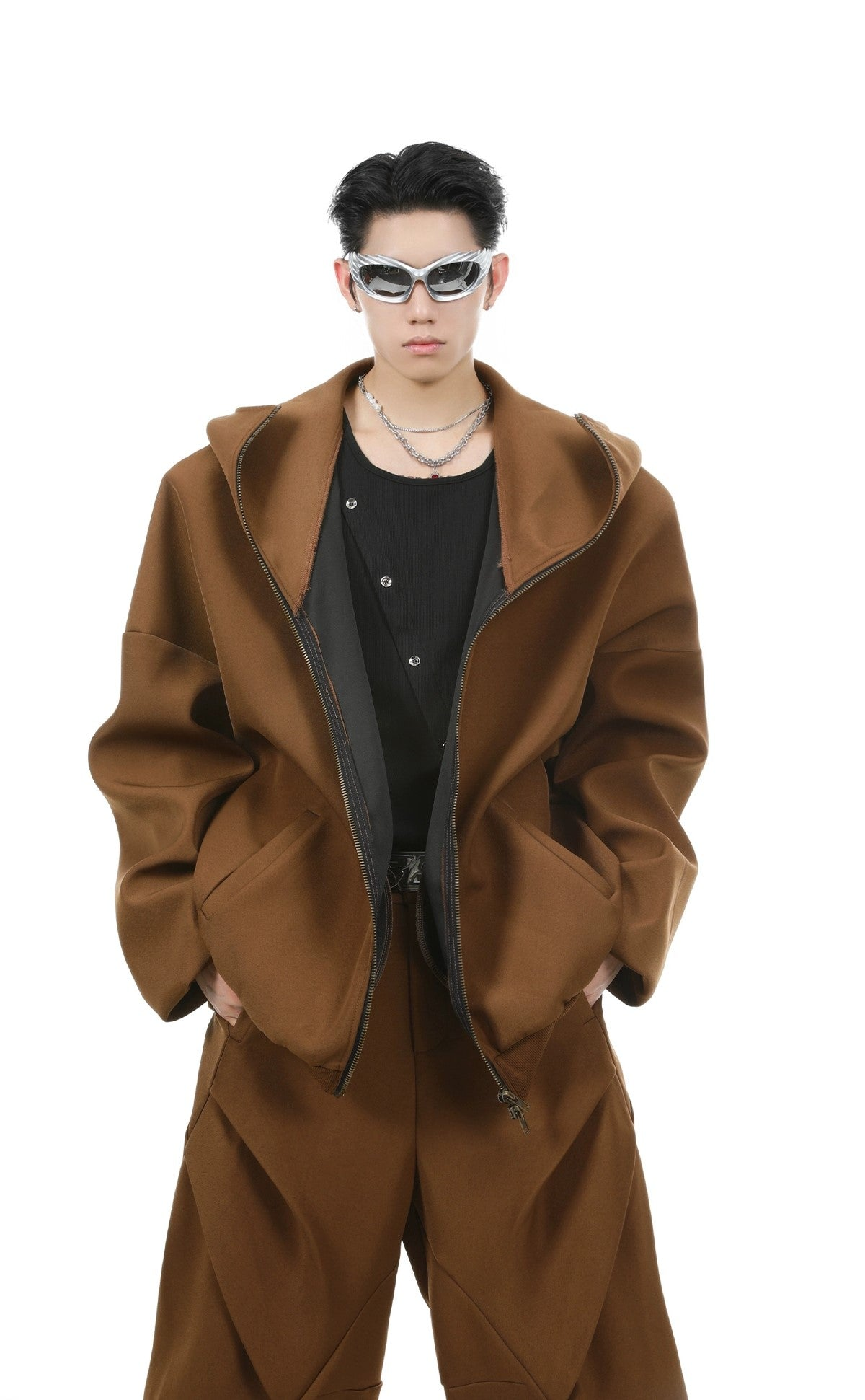 Oversize Zipper Hoodie & Wide-leg Pleats Sweatpants Setup