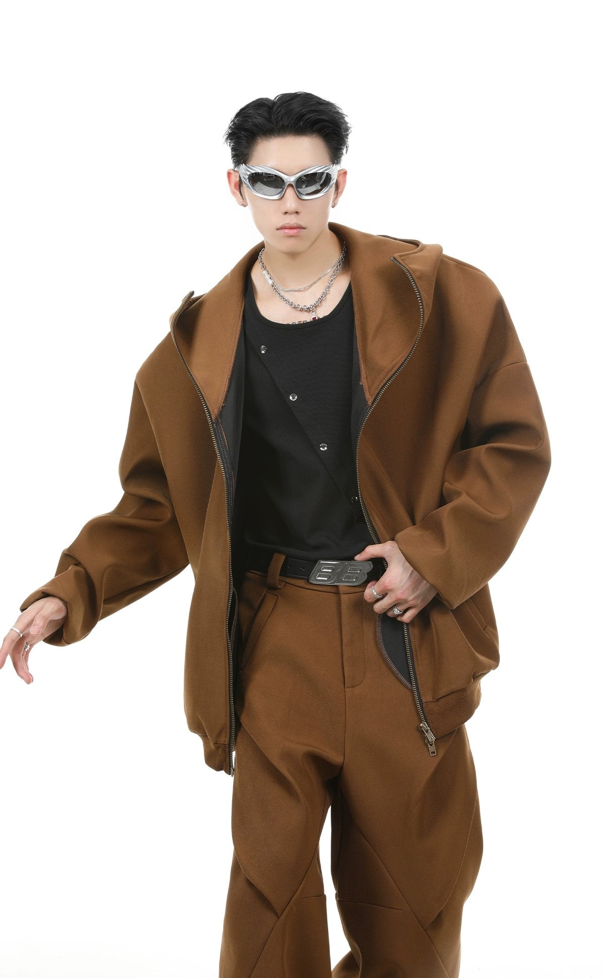 Oversize Zipper Hoodie & Wide-leg Pleats Sweatpants Setup