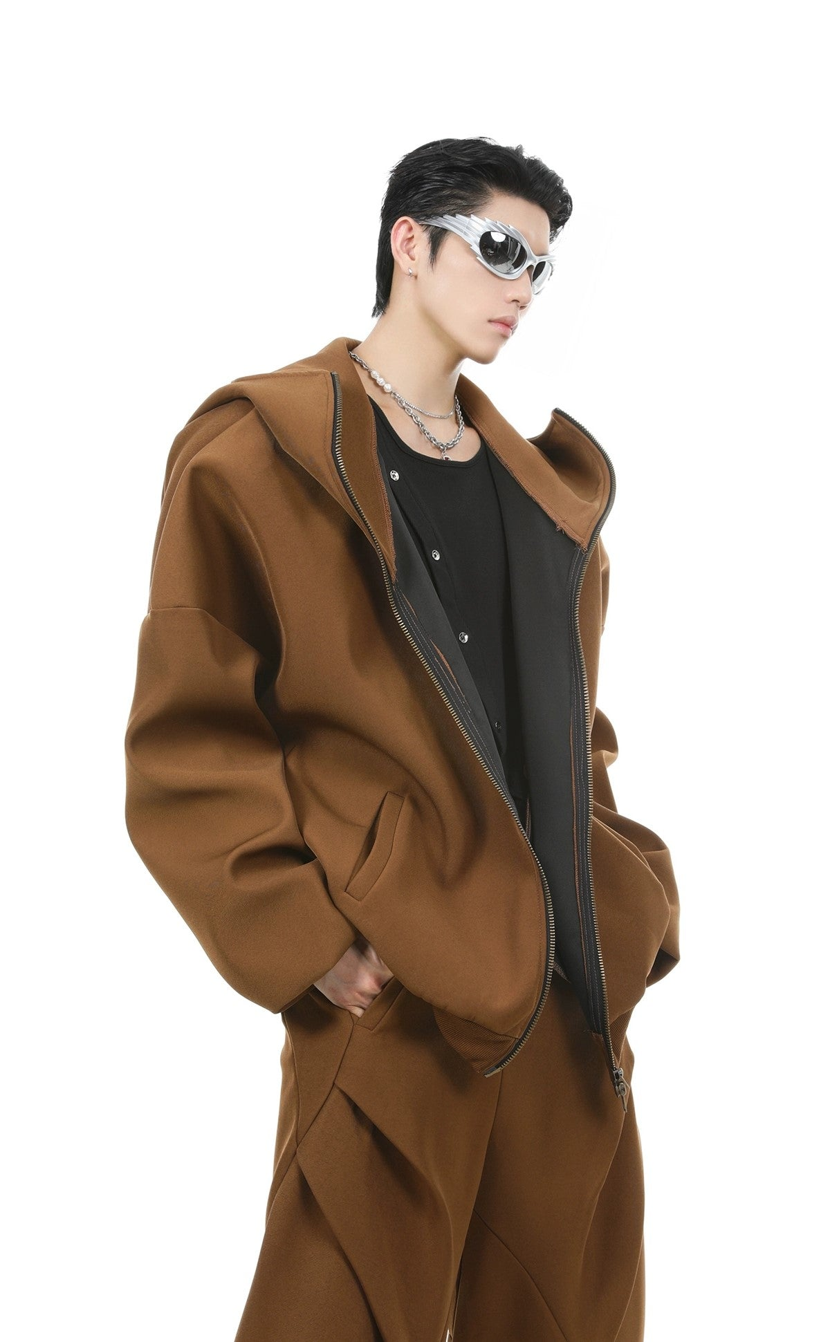 Oversize Zipper Hoodie & Wide-leg Pleats Sweatpants Setup