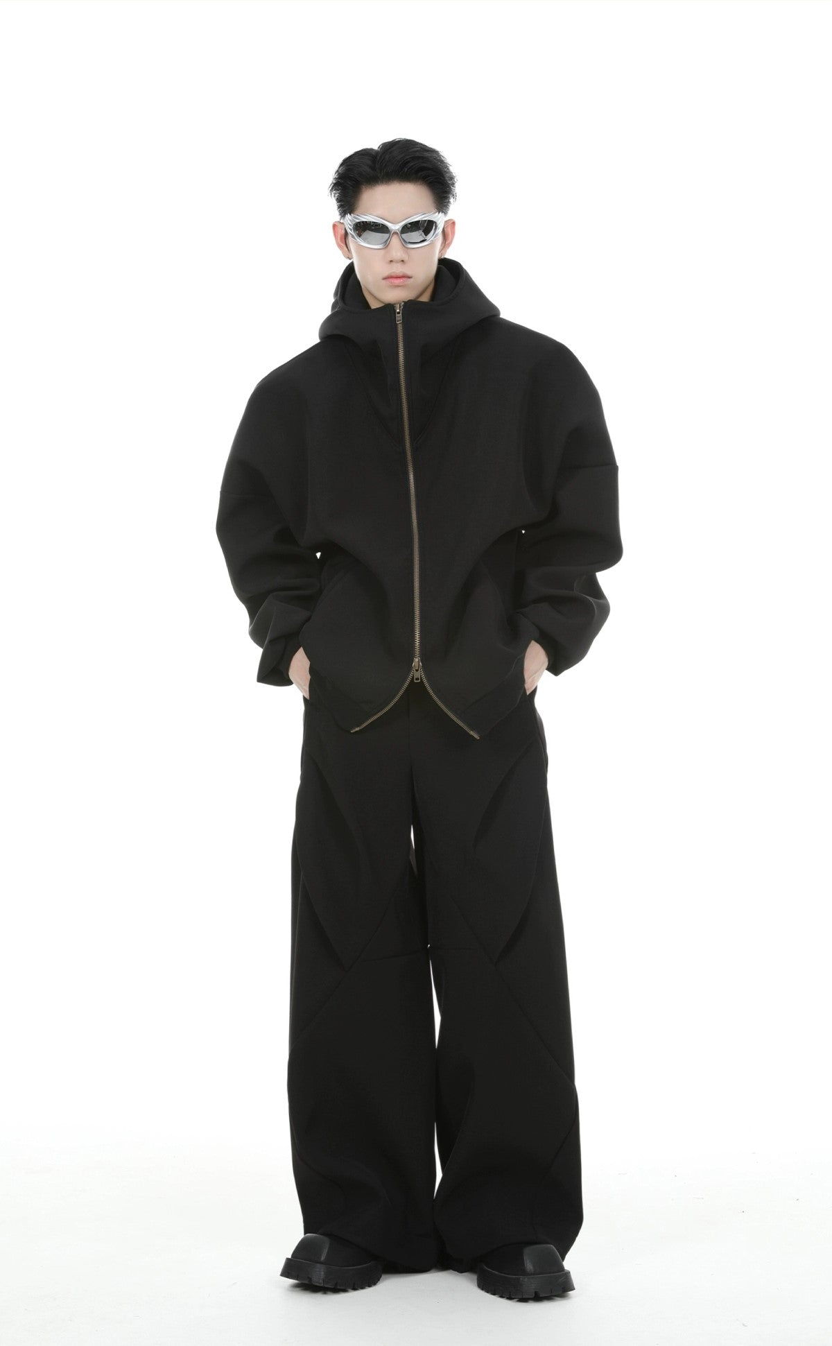 Oversize Zipper Hoodie & Wide-leg Pleats Sweatpants Setup