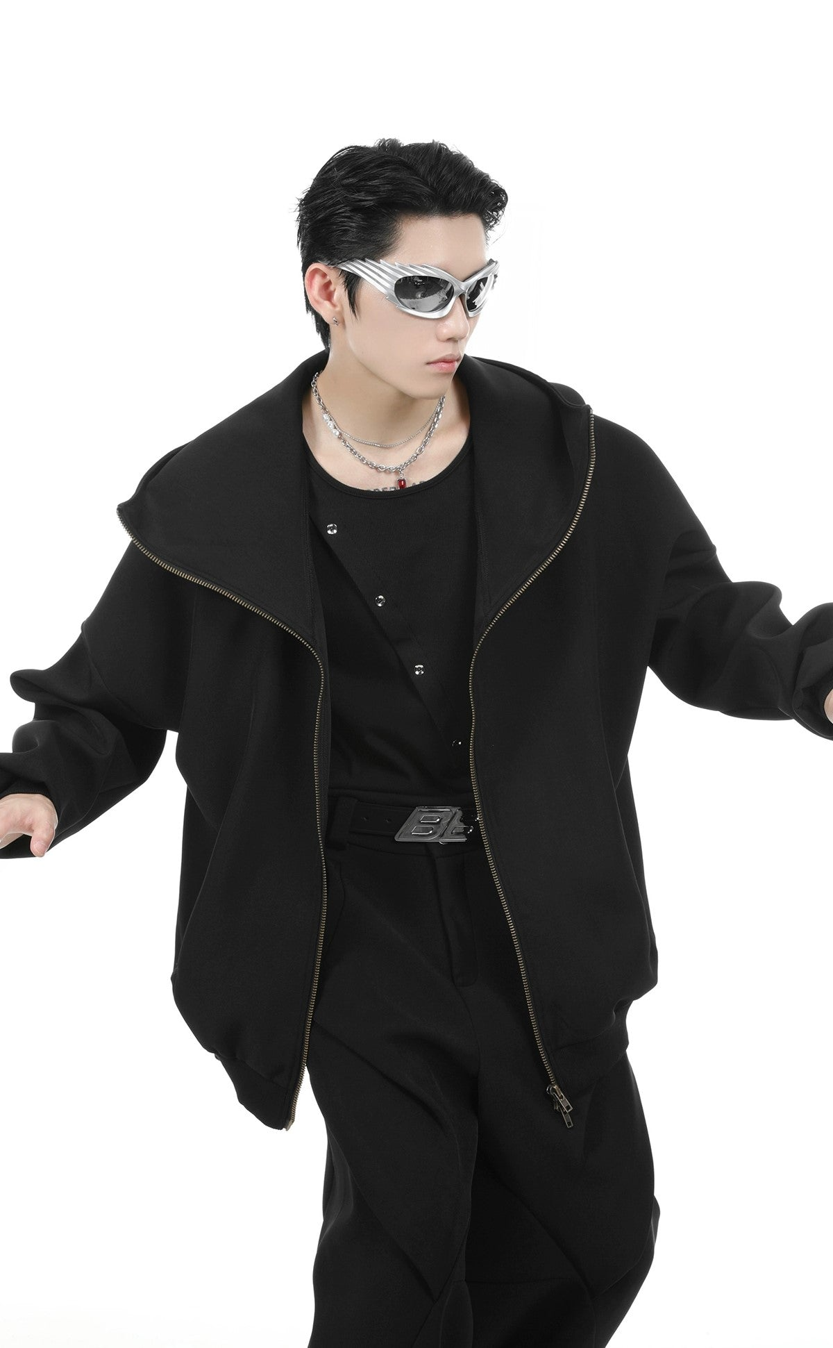 Oversize Zipper Hoodie & Wide-leg Pleats Sweatpants Setup