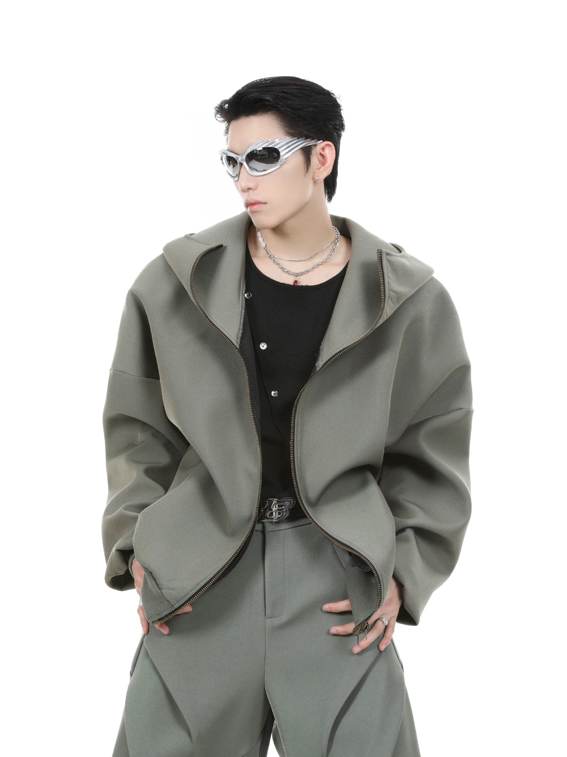 Oversize Zipper Hoodie & Wide-leg Pleats Sweatpants Setup